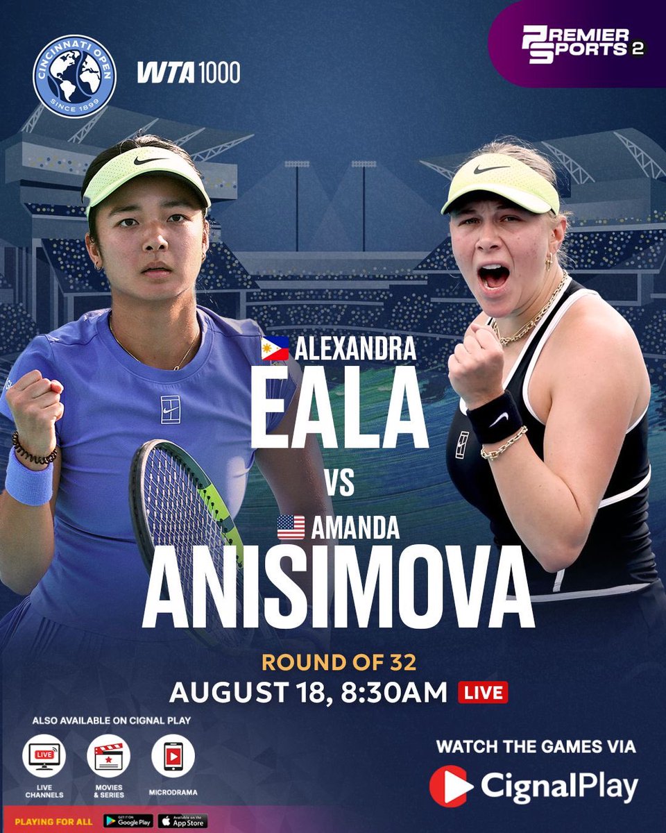 CignalPlay's tweet photo. ALEX TAKES ON ANOTHER GIANT 😤🎾

Catch Filipina tennis ace Alex Eala as she faces No. 10 Amanda Anisimova for the first time ever at the Round of 32 of the WTA 1000 Cincinatti Open.

Watch it LIVE this August 18 at 8:30 AM on Premier Sports 2 via the #CignalPlay app! https://t.co/Fi2ydHest6