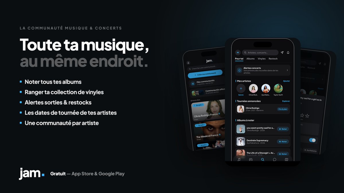 Matholys's tweet photo. Le "Letterboxd" de la musique existe. Il est français, il est gratuit, et il est sorti cette semaine. 🎶

Tu notes tes albums, tu chopes les restocks de tes concerts favoris avant tout le monde, tu ranges tes vinyles et tu discutes avec les fans de tes artistes : Olivia Rodrigo, The Weeknd, BTS, Taylor Swift…

Jam. La musique, ensemble. Disponible dès maintenant sur iOS et Android. 🫶🏼