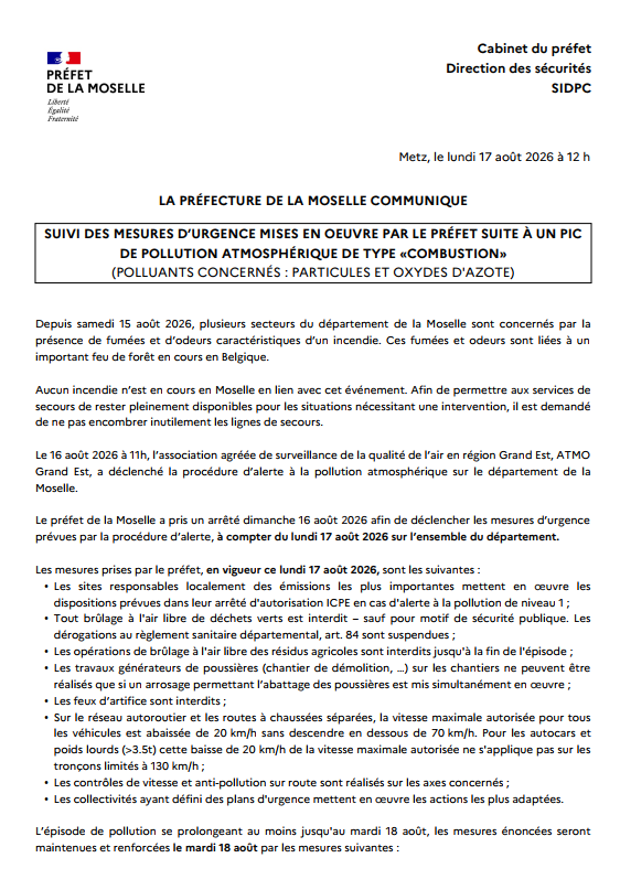 Image de Préfet de la Moselle - #Information | Suivi des mesures d'urgence mises en œuvre par le préfet de la Moselle suite à un pic