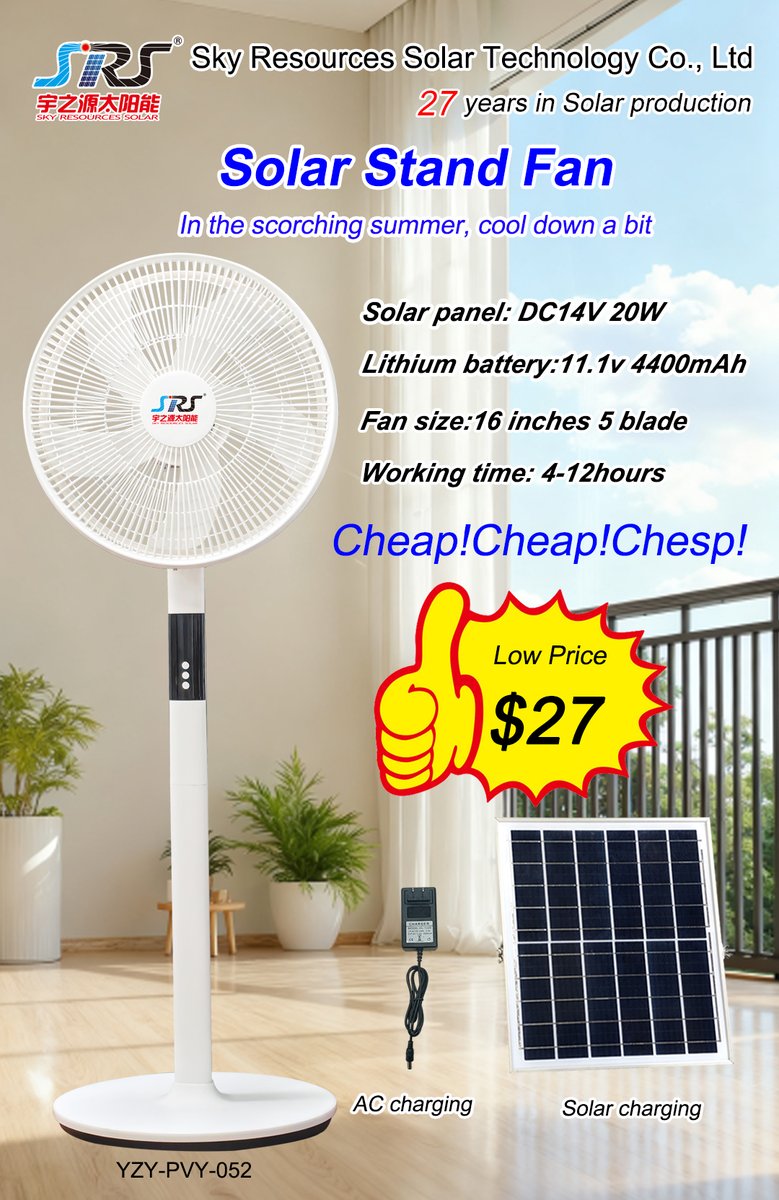 SRSsolargroup's tweet photo. SOLAR STAND FAN,LOW PRICE!
IF YOU LIKE,PLS CALL ME
WhatsApp/ Wechat/ Tell:
Kitty: +86 18676039824
Alice：+86 18689349953
Jerry: +86 18689349931
Email: sales@solartech-sr.com
#SOLARFAN #FAN https://t.co/MR0YBB9pcL
