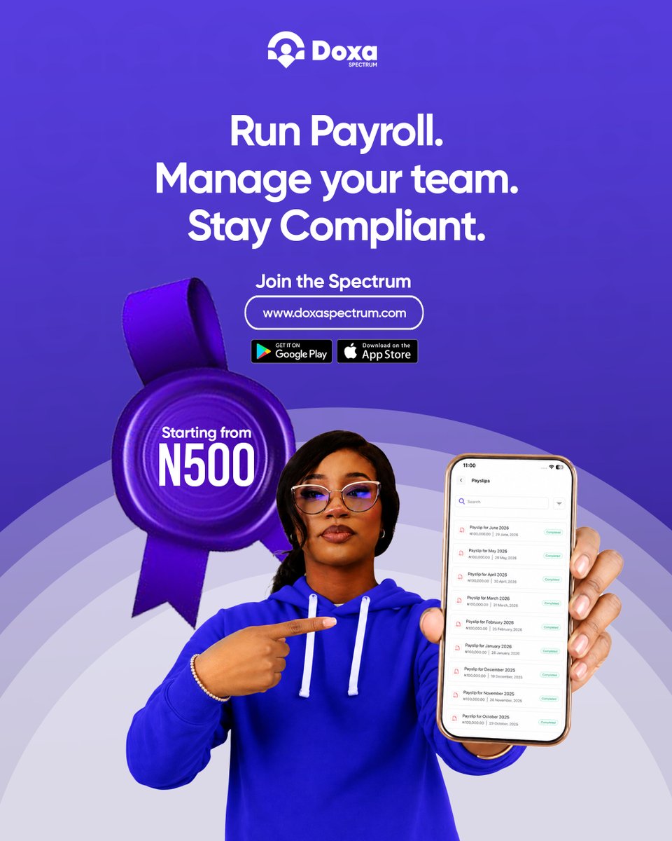DoxaSpectrum's tweet photo. 🚨 Payroll for your team from just ₦500 per employee/month.

Automate PAYE, pension, attendance, payslips &amp; more, all in one platform.

Start your FREE 30-day trial today.