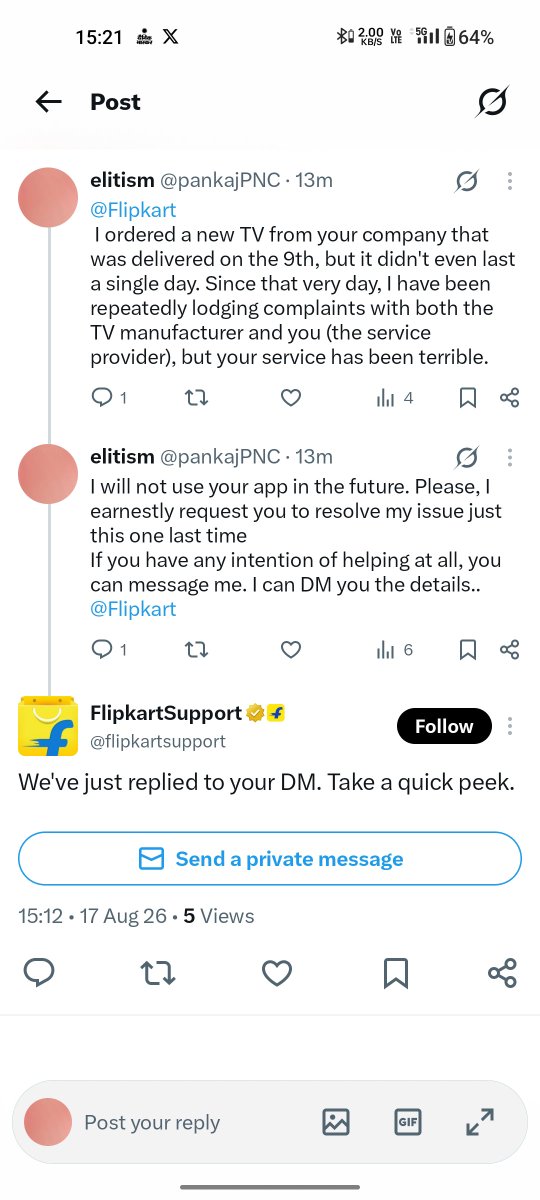 pankajPNC's tweet photo. @Flipkart  @flipkartsupport You have become so obsessed with lying and fooling people that you keep changing the date for resolving my issues—sometimes saying the 11th, other times the 12th. Go ahead and not to try to fool me, but get your act together first, Flipkart. https://t.co/41qD7AvFHH