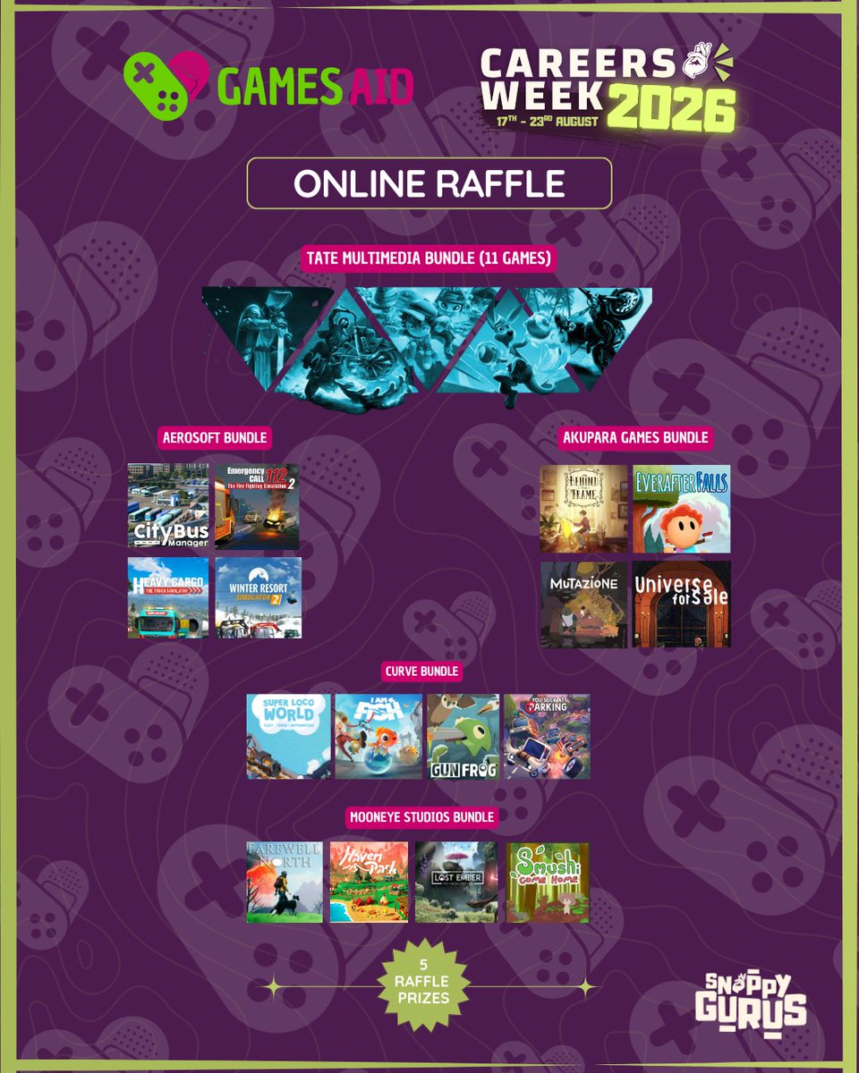 GamesAid's tweet photo. We’re partnering with @SnappyGurus for Careers Week, 17–23 Aug

Join 7 days of talks, masterclasses, Q&amp;As, portfolio reviews &amp; networking

We’ll also be LIVE on Twitch with the top 5 submitted games + our BIGGEST raffle yet, with 5 game code bundles up for grabs!

Enter below👇 https://t.co/0VsrW39w2s