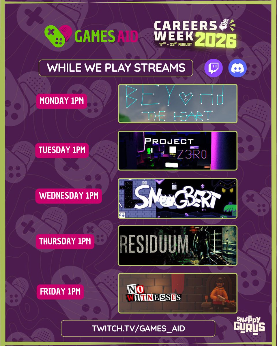GamesAid's tweet photo. We’re partnering with @SnappyGurus for Careers Week, 17–23 Aug

Join 7 days of talks, masterclasses, Q&amp;As, portfolio reviews &amp; networking

We’ll also be LIVE on Twitch with the top 5 submitted games + our BIGGEST raffle yet, with 5 game code bundles up for grabs!

Enter below👇 https://t.co/0VsrW39w2s