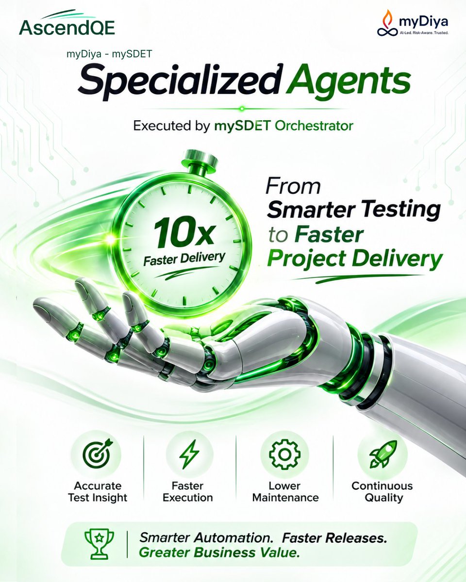 AscendQE's tweet photo. Smarter Testing. Faster Releases. 🤖

Enterprise testing is evolving from automation to AI-powered test agents that reason, generate, execute, heal, and continuously improve—powered by myDiya’s mySDET
Faster testing
Lower maintenance
Better coverage
Continus quality
#Asendqe https://t.co/Q33sKY3GFA