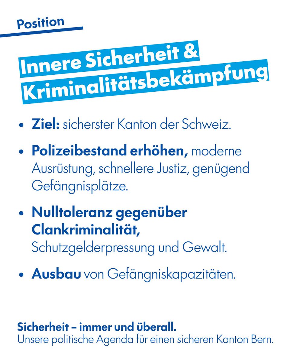 fdp_bern's tweet photo. Unser Ziel: der sicherste Kanton der Schweiz.
Mehr Polizeibestand, moderne Ausrüstung, schnellere Justiz und genügend Gefängnisplätze.
Nulltoleranz gegenüber Clankriminalität, Schutzgelderpressung und Gewalt.
#Sicherheit #FDPBern https://t.co/3K22N9ZZxN