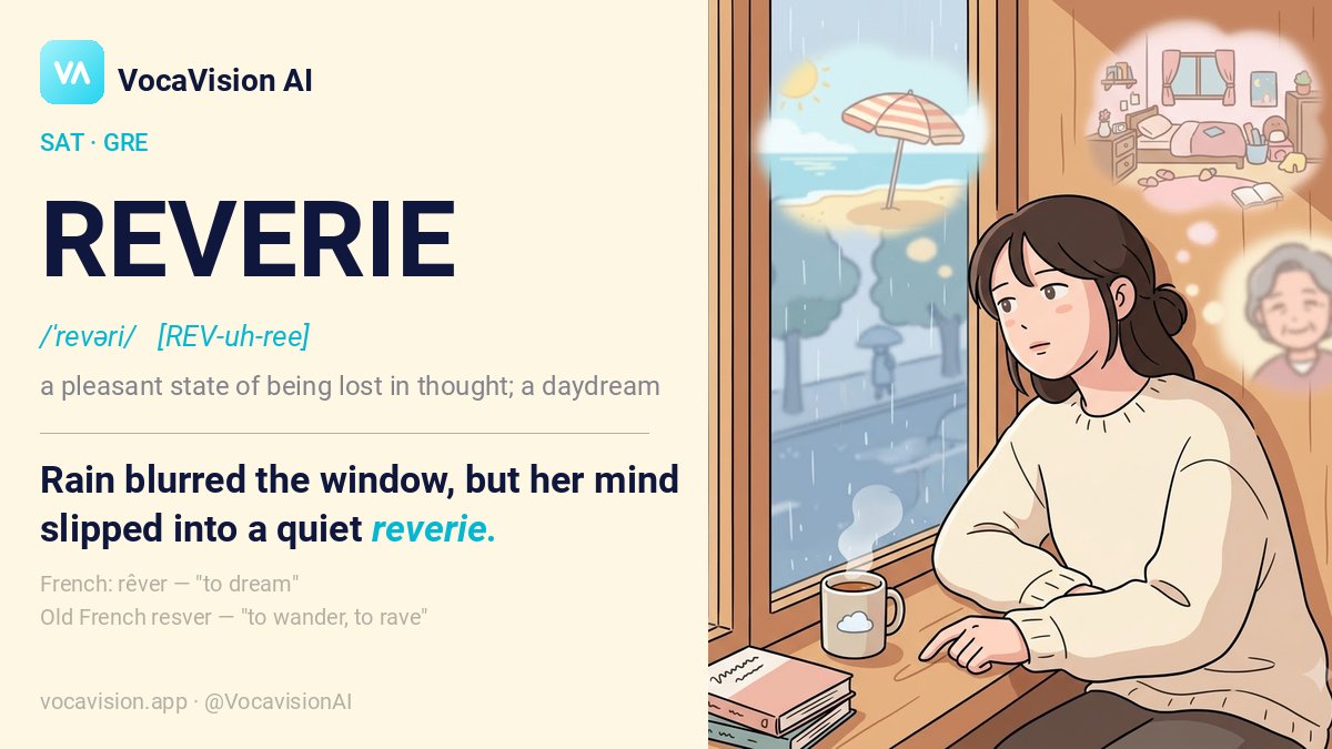 VocavisionAI's tweet photo. Rain blurred the window, but her mind slipped into a quiet reverie —
a sunlit beach, her old room, her grandmother's smile.

REVERIE /ˈrevəri/ = a state of being lost in thought; a daydream

French: rêver — "to dream"

19,000+ words → https://t.co/QidIcKK3mU

#GREvocab #SATvocab https://t.co/3HotdwHNsE