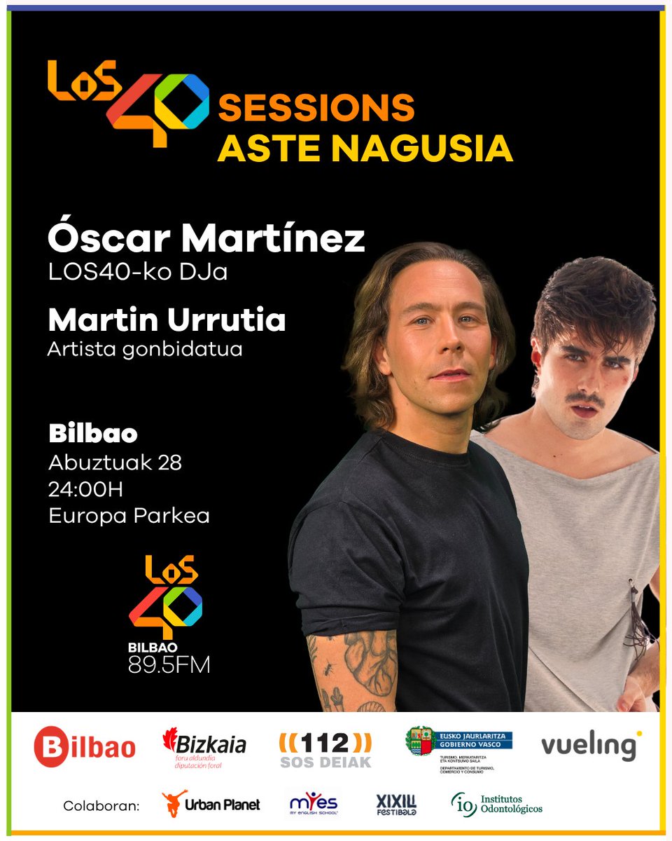 LOS40Euskadi's tweet photo. ¡LOS40 Sessions Aste Nagusia está cada vez más cerca🎉!

🎧La noche del viernes al sábado en el Parque Europa va a ser INOLVIDABLE🎇. @oscarmartinezdj está deseando llegar a Bilbao y Martin quiere sentir el calor de todxs sus seguidorxs cantando las canciones de 'La Insolación'✨ https://t.co/j0IUfrvK6C