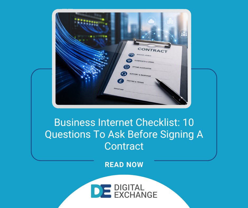 Digital_Ex's tweet photo. 📋 Signing a new business internet contract?
Before you commit, ask the right questions about speeds, support, SLAs, security, and future costs.
Our latest blog covers the 10 key questions every business should ask!
🔗 https://t.co/ScThMhz0QJ
#FTTP #LeasedLine #DigitalExchange https://t.co/SU0zaEwhVn