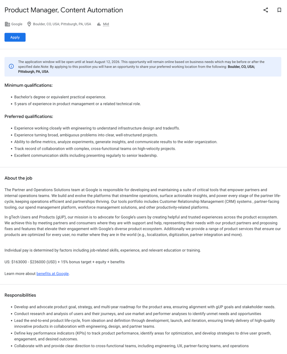 rustybrick's tweet photo. Google is hiring a PM for "Content Automation" https://t.co/XlOY8g7csY hat tip via @noahlearner https://t.co/Eumsxv86xa