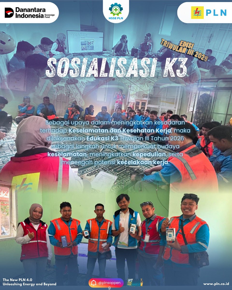 plnulpsoppeng's tweet photo. **Edukasi Keselamatan Kesehatan Kerja Triwulan III 2026 ⚡🦺**

Sebagai upaya meningkatkan kesadaran dan kepedulian terhadap Keselamatan dan Kesehatan Kerja (K3), PLN ULP Soppeng melaksanakan kegiatan **Edukasi K3 Triwulan III Tahun 2026**.

#PLN #PLNULPSoppeng #K3 #EdukasiK3 https://t.co/vmp18JOhQx