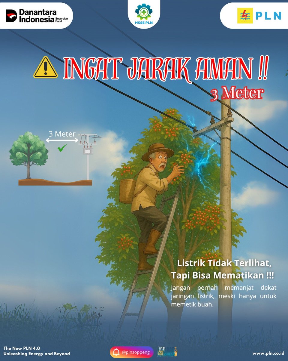 plnulpsoppeng's tweet photo. ⚡ **WASPADA! JAGA JARAK AMAN DARI JTM**

🌳 Jangan memanjat pohon berbuah yang berada dekat jaringan JTM.
Pastikan jarak aman **minimal 3 meter** dari jaringan listrik.

🚫 Jangan mengambil buah dengan memanjat atau menggunakan alat panjang di dekat JTM. https://t.co/THHlOLrYpH