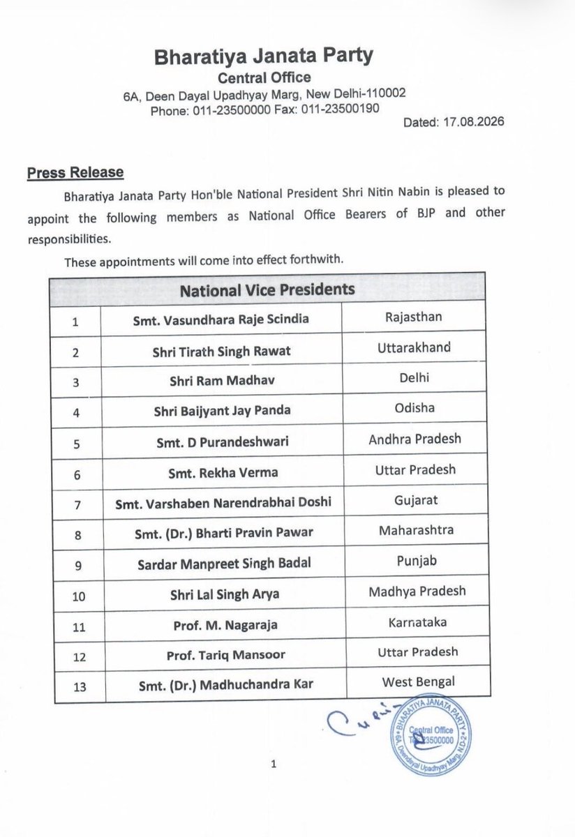 maryashakil's tweet photo. Nitin Nabin’s first team as BJP president is out, and the message is unmistakable: CONTINUITY OVER DISRUPTION. Nabin has left the organisational architecture built under his predecessors untouched.

1) B.L. Santhosh, the RSS-aligned organisational strategist, stays firmly in place as National General Secretary (Organisation).

2) Anil Baluni, Lok Sabha MP from Uttarakhand and a known safe hand, continues as Media Convenor.

3) Piyush Goyal returns as National Treasurer. A post he held once before, between 2010 and 2014, before handing it off. A sitting Union Cabinet minister taking charge of the party’s finances again is not a routine posting. It’s a heavyweight signal of trust from the top.

4) Vasundhara Raje Scindia continues as National Vice President. Worth flagging given her uneasy equation with the current state leadership, her retention is a story in itself. Does Delhi still need Raje more than Raje needs Delhi?

IMP- Of 13 National Vice Presidents, 6 are women.

5) Smriti Irani, known for her combative style, is back as National General Secretary.

6) Sambit Patra continues as BJP’s North-East Coordinator.

7) Nabin’s Bihar imprint is impossible to miss. Bihar faces have been elevated Shivesh Kumar Ram as SC Morcha chief, Siddharth Shambhu as National Secretary, fresh off the 2025 Bihar verdict.

8) The Morcha list - Yuva, Mahila, OBC, SC, ST, Minority, Kisan - is classic BJP social-coalition arithmetic. Textbook caste and social engineering. Zero surprises.

Bottom line: This is a new president consolidating trust before he attempts to assert control. The architecture remains largely intact.