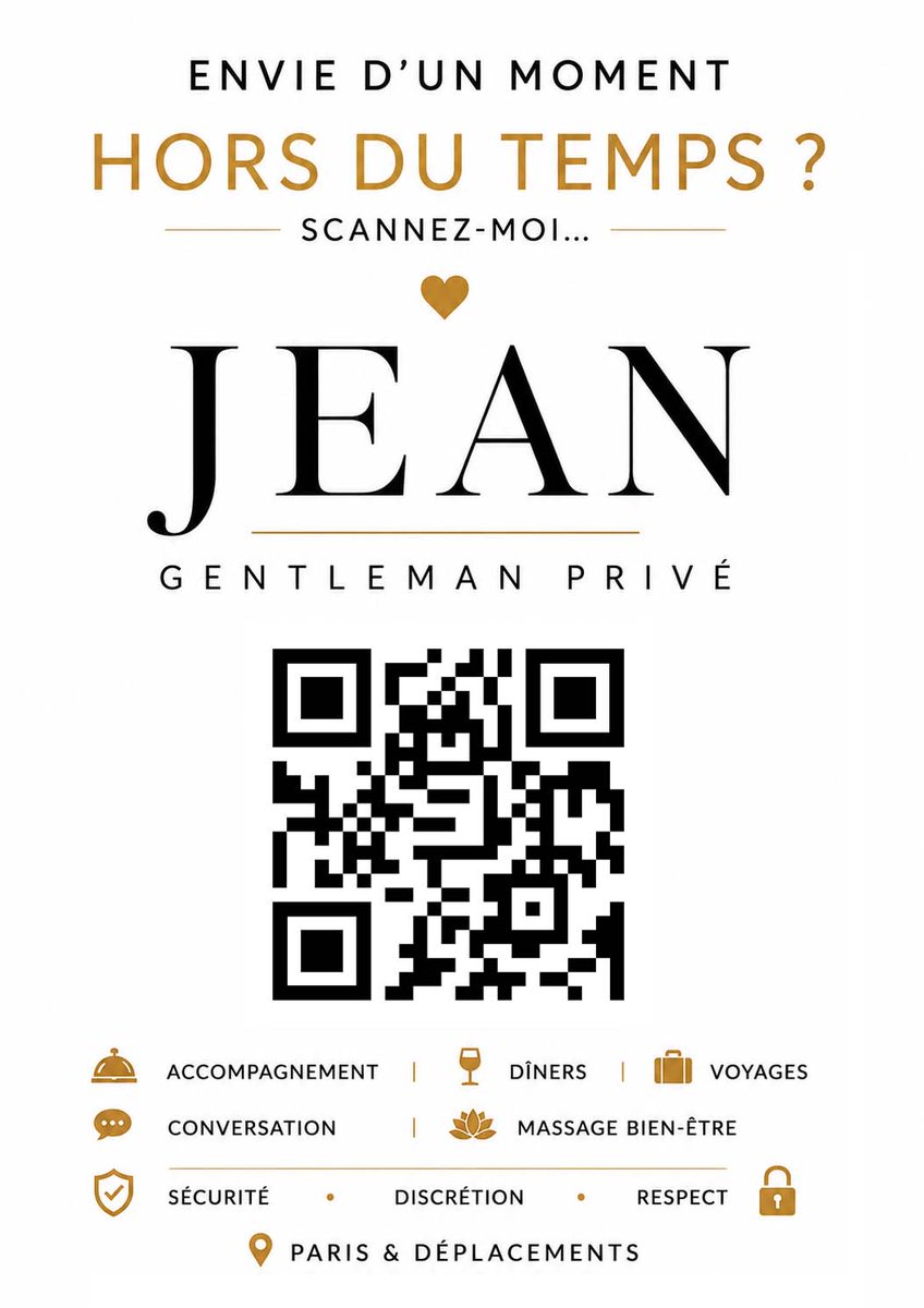 JeanEscortBoy's tweet photo. Si la curiosité vous pousse à découvrir mon univers, vous trouverez derrière ce QR code un gentleman qui aime offrir bien plus qu’une simple présence : une conversation, un dîner, une escapade, un massage, ou simplement un moment privilégié à deux.
Au plaisir de nous rencontrer… https://t.co/tkIxcDeEWW