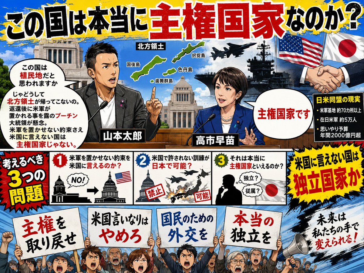 nemoto_ryosuke2's tweet photo. この国は本当に主権国家なのか？山本太郎が高市にぶつけた。主権があるならトランプに80兆円貢いで大はしゃぎなんてしねえんだよアホが。 https://t.co/nIqgGU0bVy