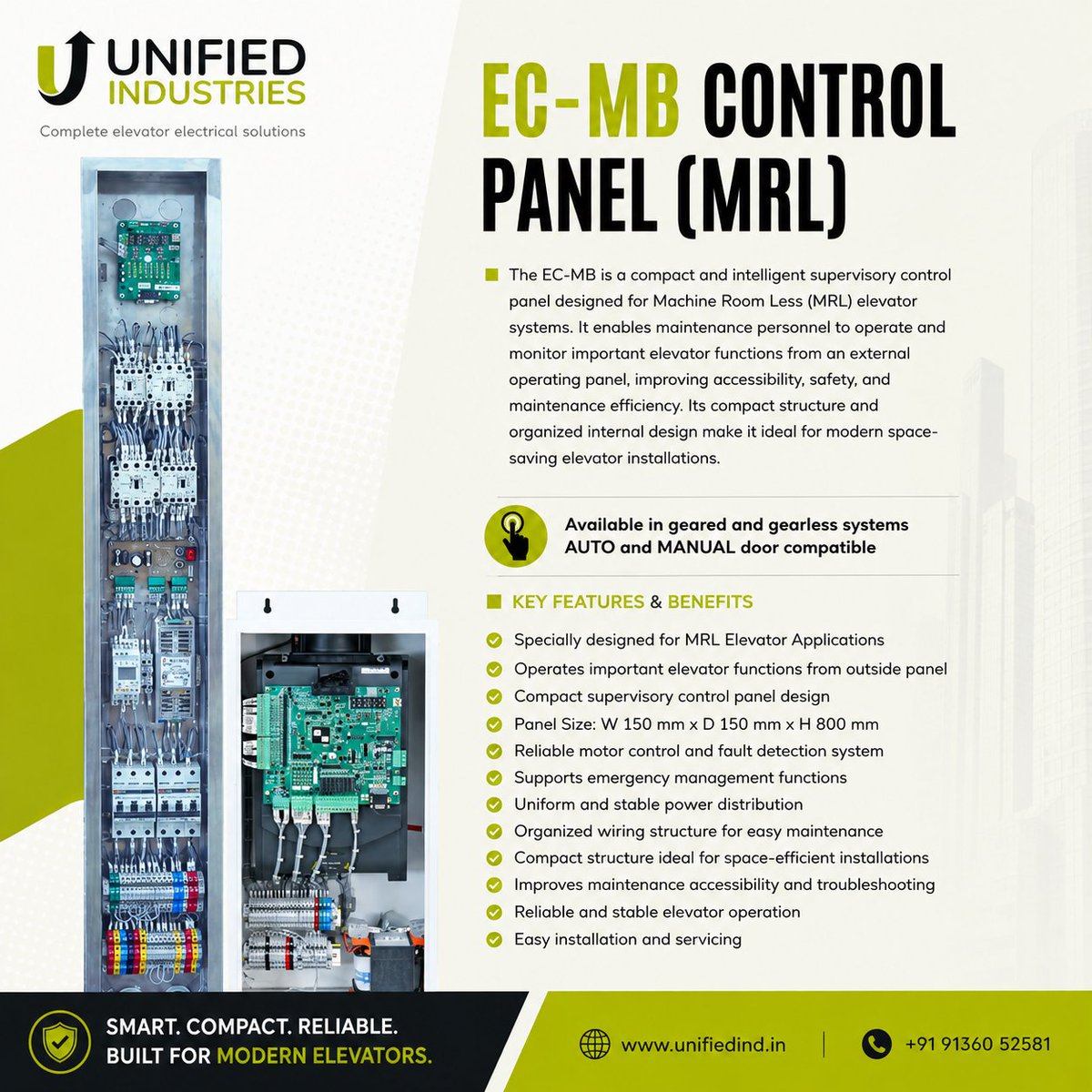 UnifiedInd2012's tweet photo. Introducing the EC-MB Control Panel (MRL) from Unified Industries — a compact and intelligent supervisory control solution designed for Machine Room Less (MRL) elevator systems.
#UnifiedIndustries #ECMB #ElevatorSolutions #MRLElevator #ElevatorControlPanel #ElevatorAutomation https://t.co/KalA9MhgK2
