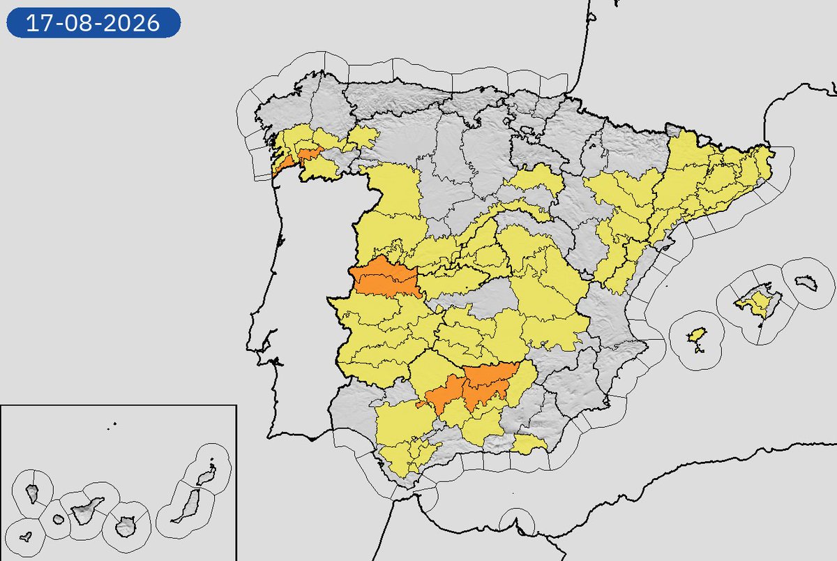 AEMET_Esp's tweet photo. 17/08 12:18 AVISOS HOY Y MAÑANA | España: temperaturas máximas, tormentas y lluvias. Nivel máximo de aviso: naranja.
Actualizaciones en https://t.co/BLdoSsO2Qv https://t.co/nfFyGKBmMp