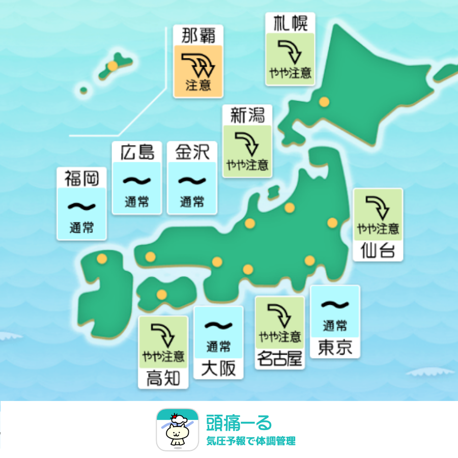 terunekootenki's tweet photo. 今日8月18日（火）頭痛ーるの気圧予報です。 
那覇は「注意⤵️⤵️」 
札幌、仙台、名古屋などは「やや注意⤵️」 の予報となっています。

気圧の変動に加えて、夏の厳しい暑さや室内外の温度差も体調を崩す大きな要因になります。室内を適温に保ち、こまめな水分・塩分補給で熱中症にも十分ご注意ください。

外出前に、天気と一緒に気圧もチェック。 
👇今日の気圧変化を頭痛ーるで確認
 https://t.co/LunKcw0UcG

#頭痛ーる #ずつーる #気圧のせい