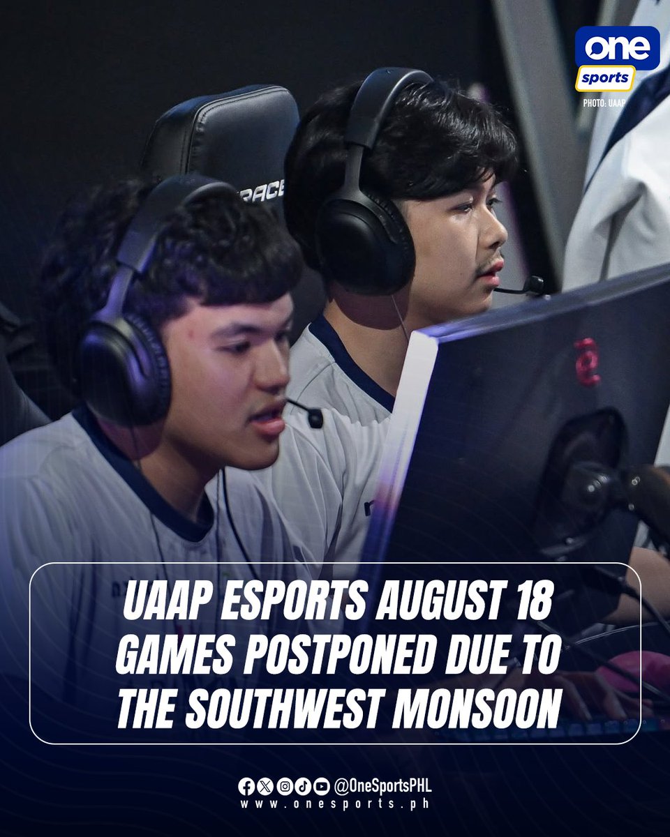OneSportsPHL's tweet photo. SAFETY IS THE PRIORITY 🌧️⏸️

The 2026 UAAP Esports games scheduled for tomorrow, August 18, are postponed due to the prevailing weather conditions, with further schedule updates to be announced.

#UAAPEsports2026 #UAAPSeason88 #LegendsStartHere #ForEveryoneUAAP https://t.co/ER6WUuvDbm
