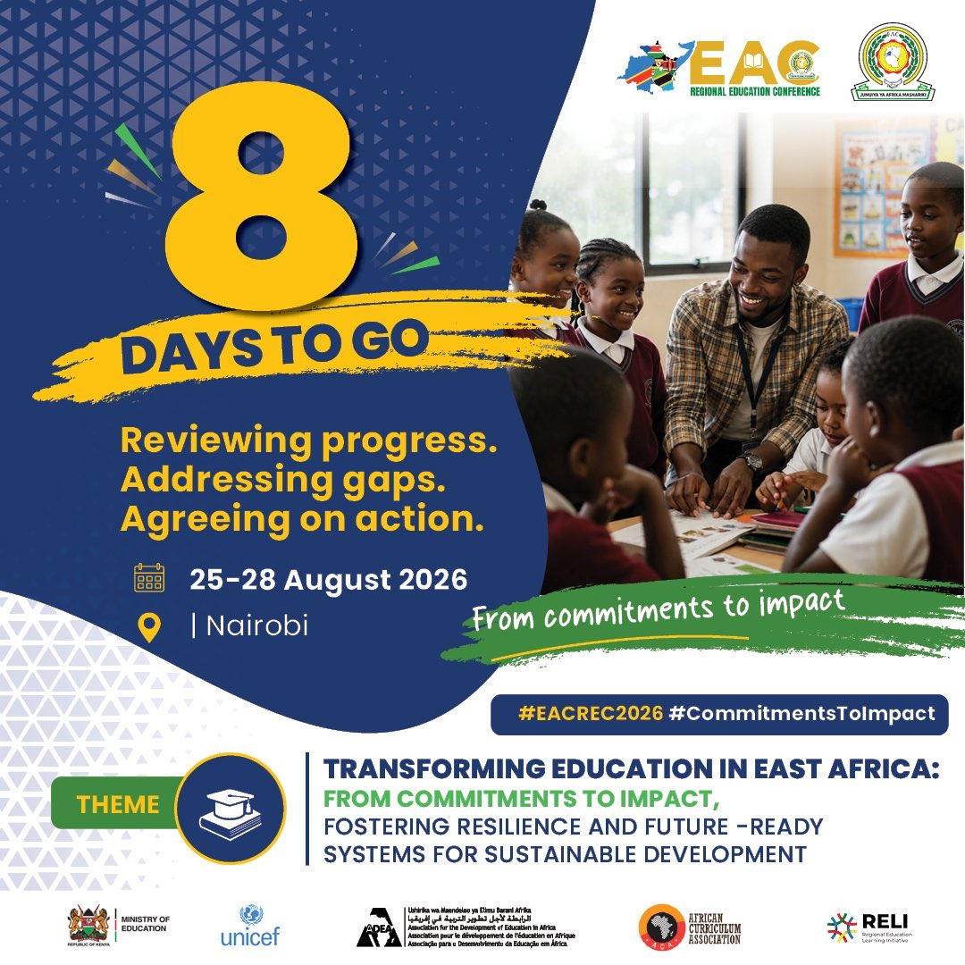 jumuiya's tweet photo. 📚𝐄𝐀𝐂 𝟐𝐧𝐝 𝐑𝐞𝐠𝐢𝐨𝐧𝐚𝐥 𝐂𝐨𝐧𝐟𝐞𝐫𝐞𝐧𝐜𝐞 𝐨𝐧 𝐄𝐝𝐮𝐜𝐚𝐭𝐢𝐨𝐧 

📍  Nairobi, Kenya
🗓️ 24–28 August 2026.

🌍 The Conference will bring together policymakers, educators, teachers, students, youth, academia, civil society and development partners to take stock of progress, share knowledge and agree on practical actions to transform education across East Africa.

🎯 The focus: turning regional commitments into measurable impact and building resilient, future-ready education systems.

🔗 Register for the Conference. https://t.co/D4KMY3w8bF