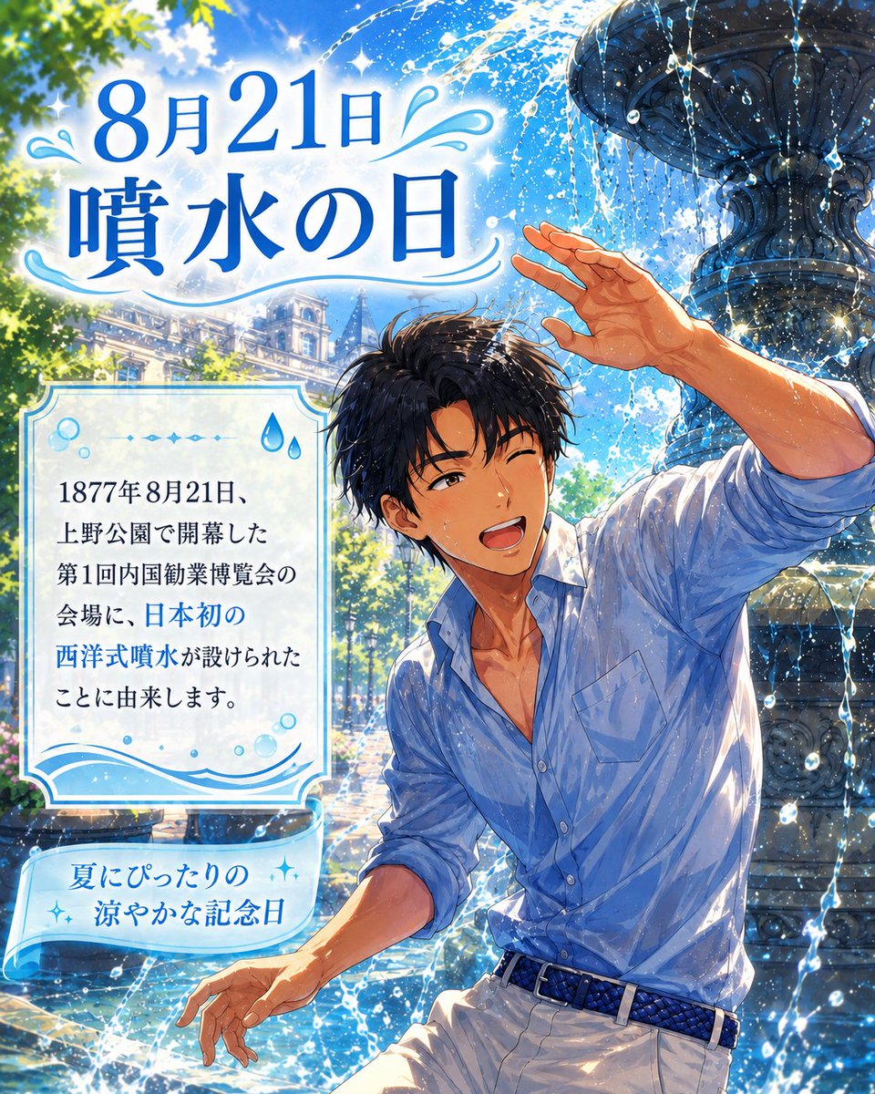 mm159mMM's tweet photo. 8月21日は噴水の日⛲️✨

夏の青空×噴水って最高に爽やかですよね☺️

1877年、上野公園で開幕した
第1回内国勧業博覧会の会場に
日本初の西洋式噴水が設けられたことが由来なんだそうです💡

ということで今日は噴水とコラボ！

……ちょっと近づきすぎたかもしれません🤣💦

みなさんの好きな涼を感じる場所はどこですか？🙌

#今日は何の日
#噴水の日
#AIイラスト