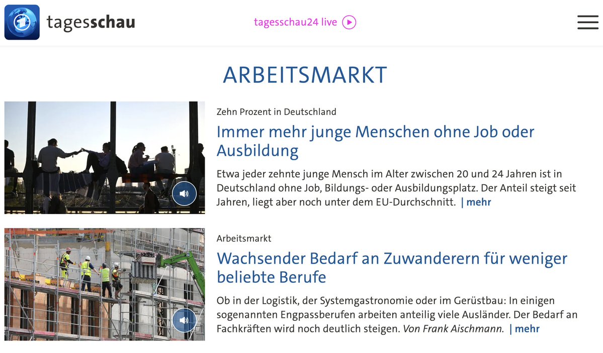 julius__boehm's tweet photo. Bei der @tagesschau packen sie „Immer mehr junge Menschen ohne Job“ und „Wachsender Bedarf an Zuwanderern für weniger beliebte Berufe“ einfach direkt untereinander &amp; merken dabei einfach nichts. Gar nichts. Kein Stirnrunzeln. Kein „Häh, iwie kann das nicht sein“. Einfach nix. https://t.co/fSd5ZuYeyC