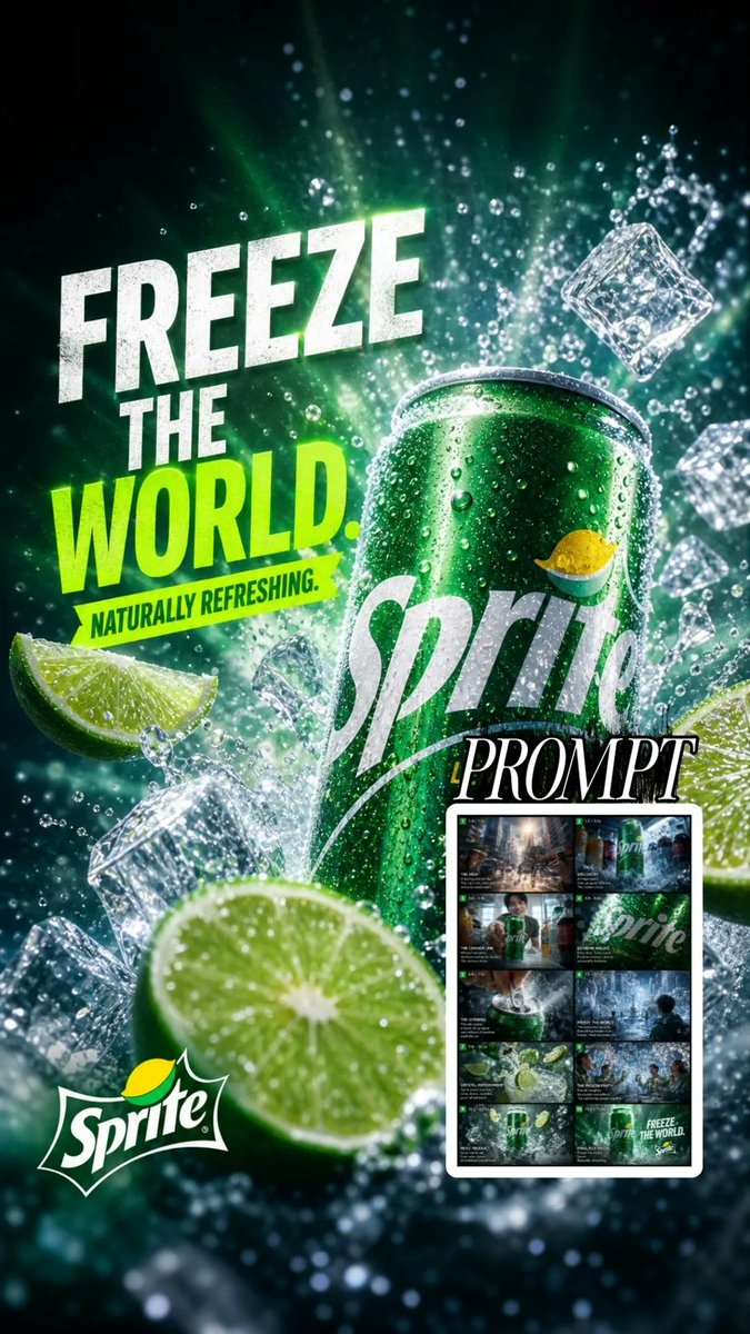 DuaFatimaAi's tweet photo. Gpt image 2 via chat gpt 

Prompt 

Create a premium, ultra-realistic Sprite advertising poster in a high-energy cinematic style. Feature a chilled green Sprite can standing prominently in the center-right, covered in realistic condensation droplets, surrounded by sparkling ice cubes, splashing carbonated water, fresh lime wedges, and tiny water droplets frozen in mid-air. Use dramatic studio lighting with vivid green and icy cyan tones, strong highlights, deep contrast, and a refreshing cold atmosphere.

Add bold typography on the left side:
“FREEZE”
“THE”
“WORLD.”
Use large distressed white lettering for “FREEZE THE” and vibrant neon-lime green for “WORLD.” Underneath, add a smaller tagline:
“NATURALLY REFRESHING.”

Place the Sprite logo naturally on the can and a clean Sprite logo near the bottom-left. Make the composition dynamic, premium, photorealistic, sharp, and highly detailed, like a global beverage campaign. Include realistic ice reflections, fizzy bubbles, water splashes, lime texture, condensation, cinematic depth of field, dramatic perspective, 8K advertising photography, high-end commercial retouching.

Vertical 9:16 composition, polished professional advertisement, no people, no extra brands, no distorted text, no duplicate objects.