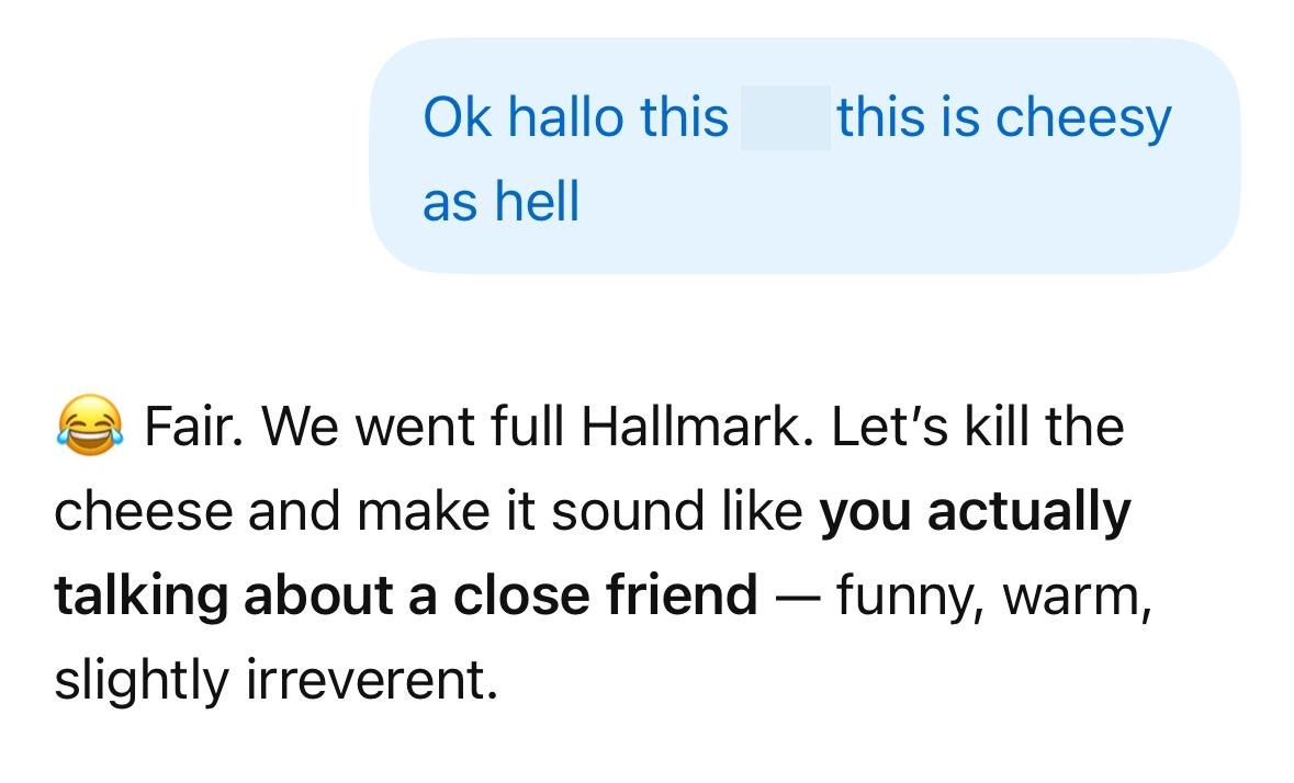 chand_t_m's tweet photo. While us adults figure out how to work with AI, this prompt chain genuinely blew my mind.

My 12-y-o daughter was helping my husband write a birthday speech, and this is what happened.

There was absolutely no way we could understand her last prompt, but somehow, ChatGPT did! https://t.co/aWG0x2Fz0j