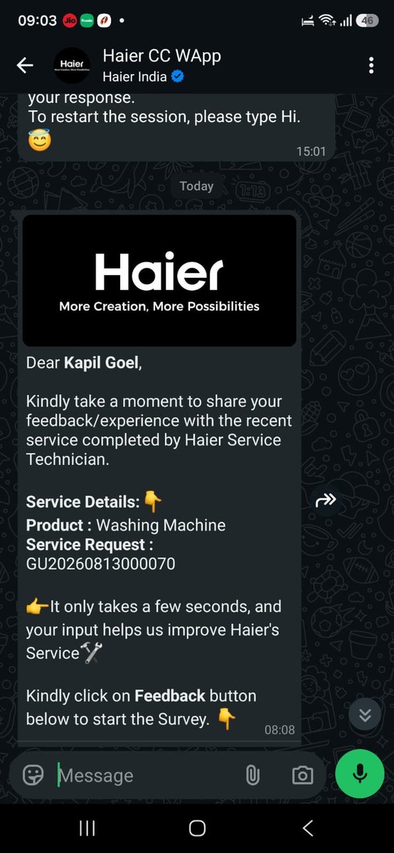 kapilkgo's tweet photo. @haieramerica @HaierJapan @ThailandHaier @HaierPakistan @HaierMobilePK @haier_uk
@Haier_UAE @Haier_Saudi
Another classy act from team @IndiaHaier. Request gets resolved without anyone looking into it or talking to customer. Bravo! @IndiaHaier @HaierAppliances https://t.co/qH9vQdcJoK