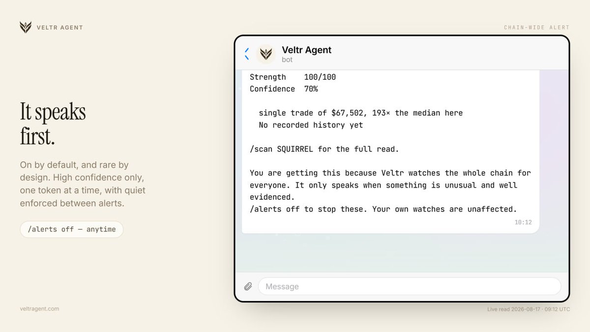 veltragent's tweet photo. And sometimes it speaks first.

On by default, rare by design: high confidence only, one token at a time, with enforced quiet so the same event is never sent twice.

Every alert carries the way to stop it. https://t.co/HAljahR7lH