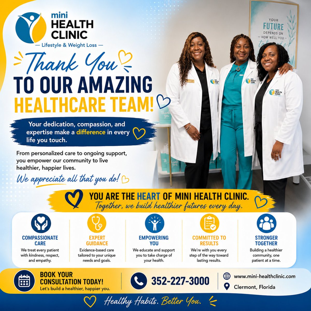 MorganKemeisha's tweet photo. Your health deserves a team that truly cares. 💛
At Mini Health Clinic, we’re here to help you take the next step toward a healthier, happier, and more confident you. From personalized guidance to ongoing support, you don’t have to do it alone. ✨ https://t.co/mVj0IrMzmS