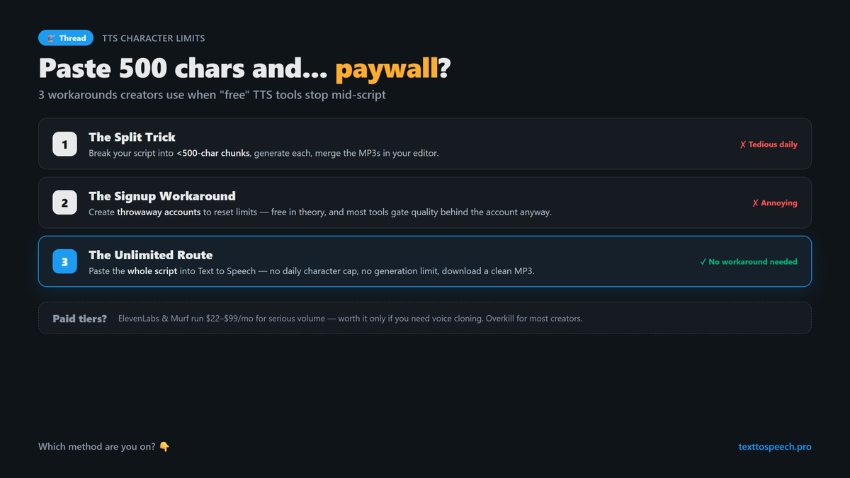 large_marmota's tweet photo. Paste 3 paragraphs into most "free" TTS tools and they stop you at 500 characters. Paywall time. Here's how people get around it — and one tool that doesn't need a workaround. 🧵 https://t.co/1TTEdCCMEf