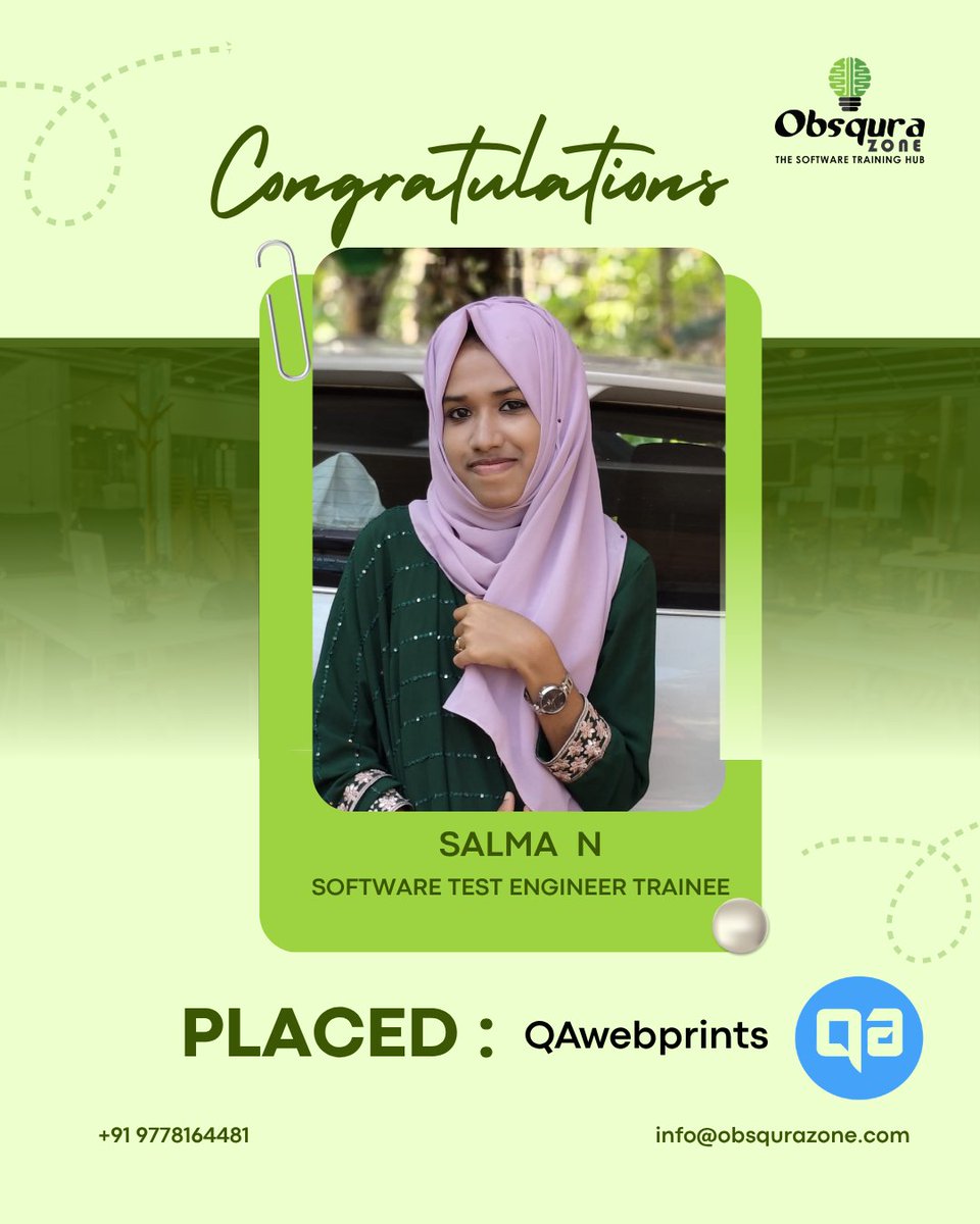 ObsquraZ's tweet photo. Congratulations, Salma N!
We’re delighted to celebrate Salma N on her successful placement as a Software Test Engineer Trainee at QAwebprints.
Another success story from Obsqura Zone.
#ObsquraZone #PlacementSuccess #SoftwareTesting #SoftwareTestEngineer #QAJobs #CareerSuccess https://t.co/n4AVodjcUe