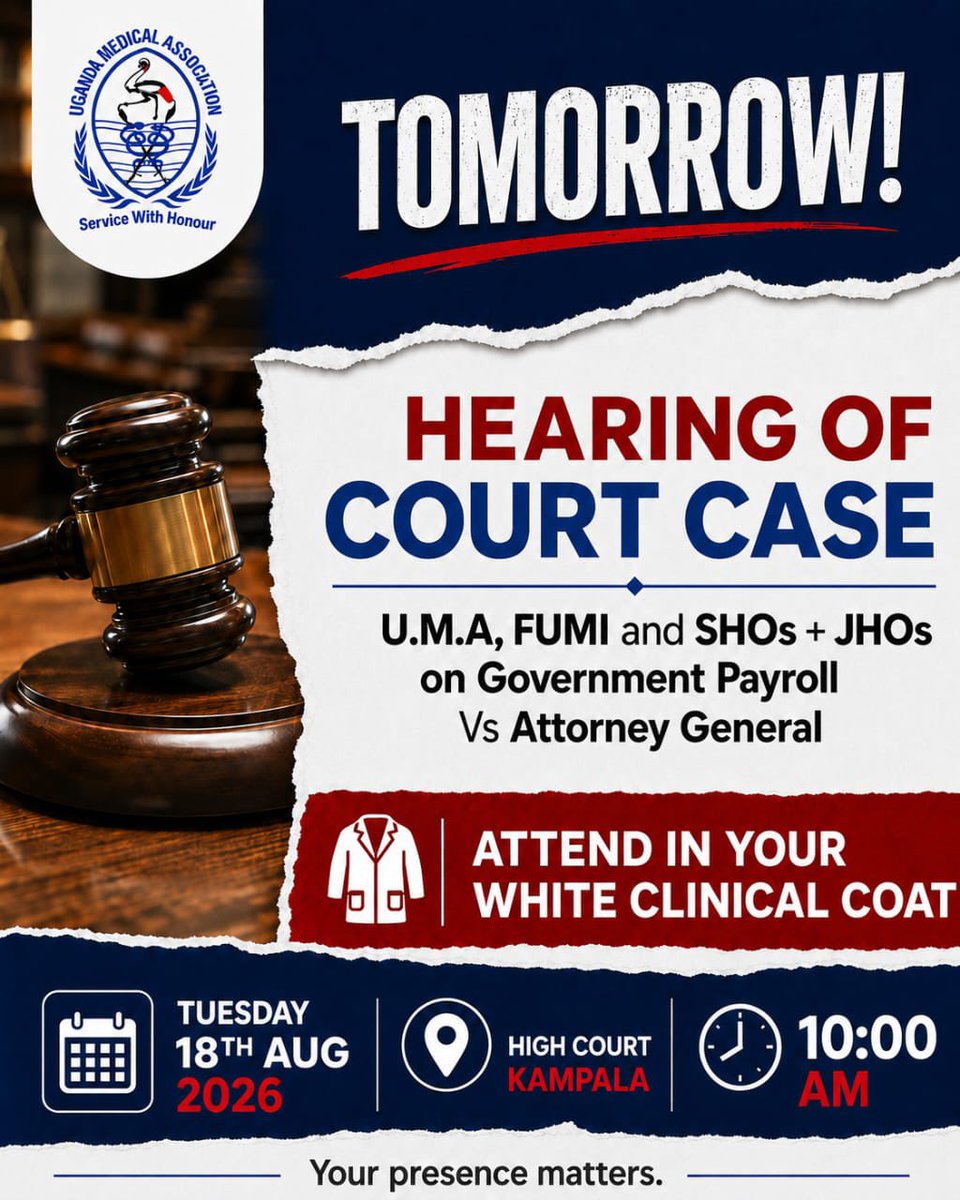 faith_nabushawo's tweet photo. Tomorrow is not just another court date.
It is a stand for every doctor, intern and junior colleague still fighting to be paid and treated with dignity.
UMA, FUMI, SHOs & JHOs vs Attorney General.
High Court, Kampala | 10:00 AM | White coats on.
Show up. Your presence is power.
We will not be ignored.