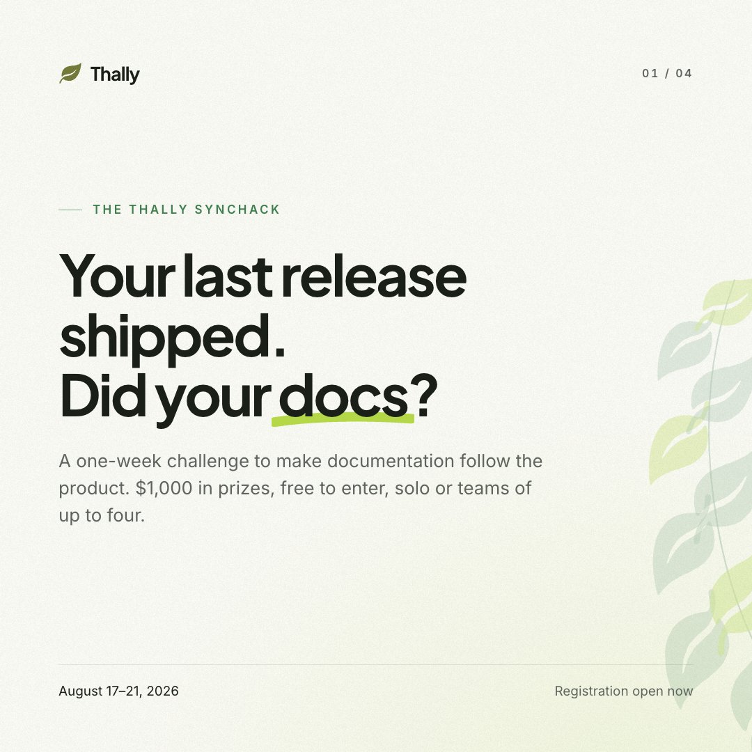kenny_io's tweet photo. Hey frens... If you're looking for something fun to hack on this week, get on the @thallyio sync hack  for builders, product people, developer advocates and everyone who works across documentation and product knowledge!

$1K in prizes, 1 week, 🏅

https://t.co/RbOzwBTpyc https://t.co/wnlLI7zdQH