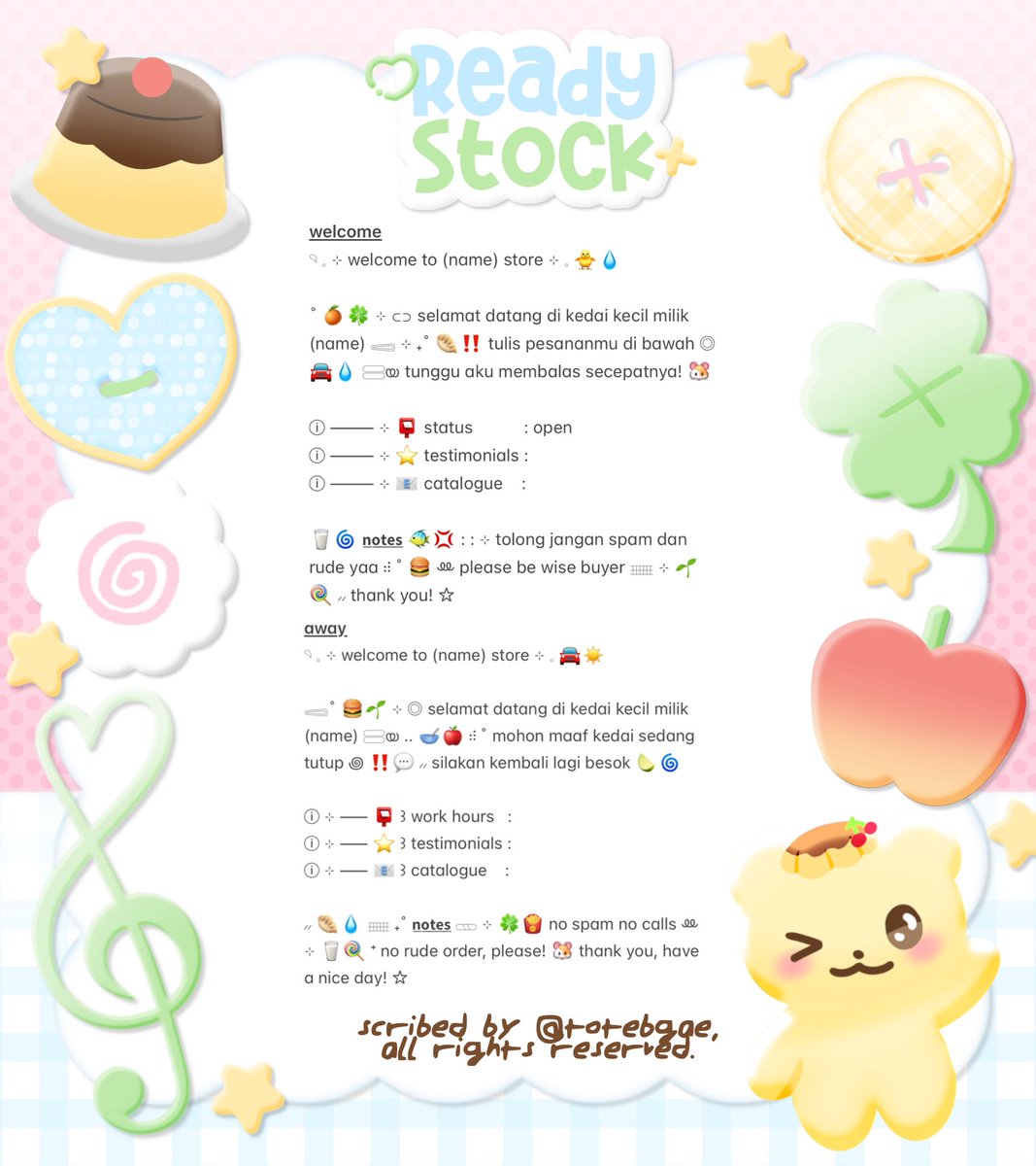 totebgae's tweet photo. help rt? thanks a lot! ♡

☀️🌱 𖦹 ⊹ . . teensy—weensy! 𓈃 🌸🥛 ˚ ⸝⸝ aku punya 2 wording bundle greetings &amp; away ꔛ🍦⊹ 𓂅 dengan prici : Rp10.000! 𓈄 ˚ 🍮🥣 check ALT for more details &amp;&amp; @ me after dm! ୨୧ 🎀🍀

⠀⠀⠀ 👛💧 : : #bealanja https://t.co/EnCklDzvNI