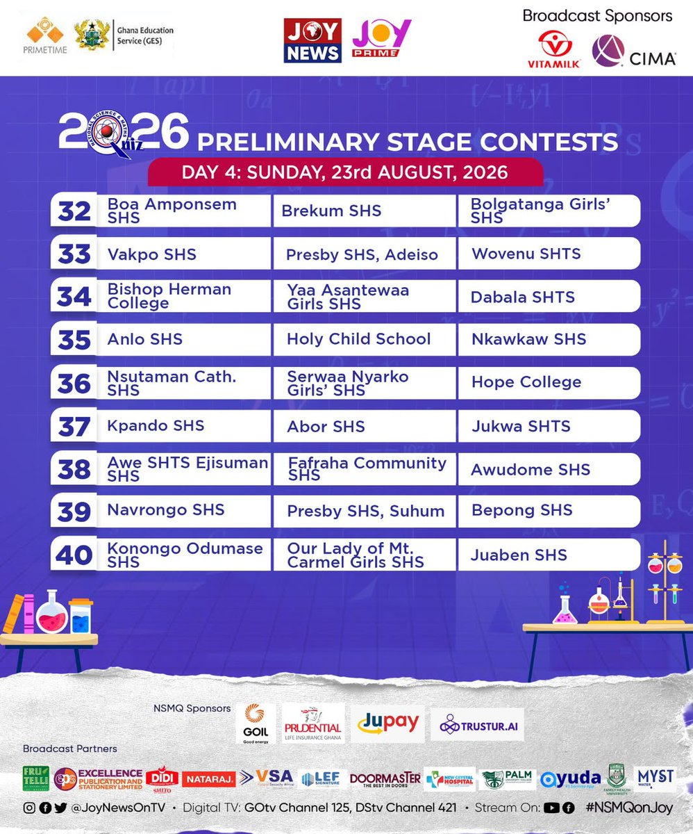 JoyNewsOnTV's tweet photo. All 49 Preliminary Stage contests will be livestreamed on the JoyNews YouTube channel, with selected contests also airing on TV.

Which contests would you like to see on TV? 👀

Tell us your pick! 🏆

#NSMQ2026 #NSMQonJoy https://t.co/74nUv5w9vf