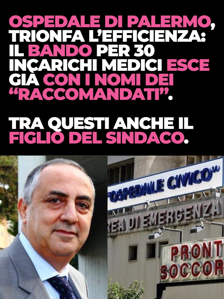 matteohallissey's tweet photo. All’Ospedale Civico di Palermo, insieme al bando per una trentina di incarichi di altissima professionalità, viene pubblicato per errore anche un file Excel nel quale compaiono già alcuni nomi associati ai relativi incarichi.

Tra questi anche Luca Lagalla, figlio del sindaco di Palermo Roberto Lagalla. Evidentemente l’uomo giusto al posto giusto, prima ancora di scegliere quale sia l’uomo giusto.

Non solo: tra i “fortunati” anche diverse figure della rappresentanza sindacale aziendale e medici che ricoprono già da anni alcuni di quei ruoli di rilevanza all’interno della struttura e che attraverso la selezione vedrebbero così “sanata” la propria posizione.

L’azienda assicura che non fosse un elenco di vincitori già decisi, ma una precedente “ricognizione interna” finita online per errore.

Eppure il file con i nomi dei potenziali vincitori ha fatto il giro delle chat di medici e personale della struttura, suscitando un gran polverone. Tanto che l’azienda è stata costretta ad annullare l’atto di selezione in autotutela: tutto dovrà essere rifatto.

Ora bisogna chiarire fino in fondo cosa sia successo: è interesse anzitutto dell’amministrazione e di chi è coinvolto direttamente dimostrare che non siamo davanti all’ennesimo piccolo poltronificio all’italiana.

Per rendere davvero più efficiente la nostra PA, a maggior ragione quando parliamo del contesto sanitario, incarichi e carriere pubbliche devono andare ai più competenti e meritevoli, non per nepotismo, favoritismi o cooptazione.