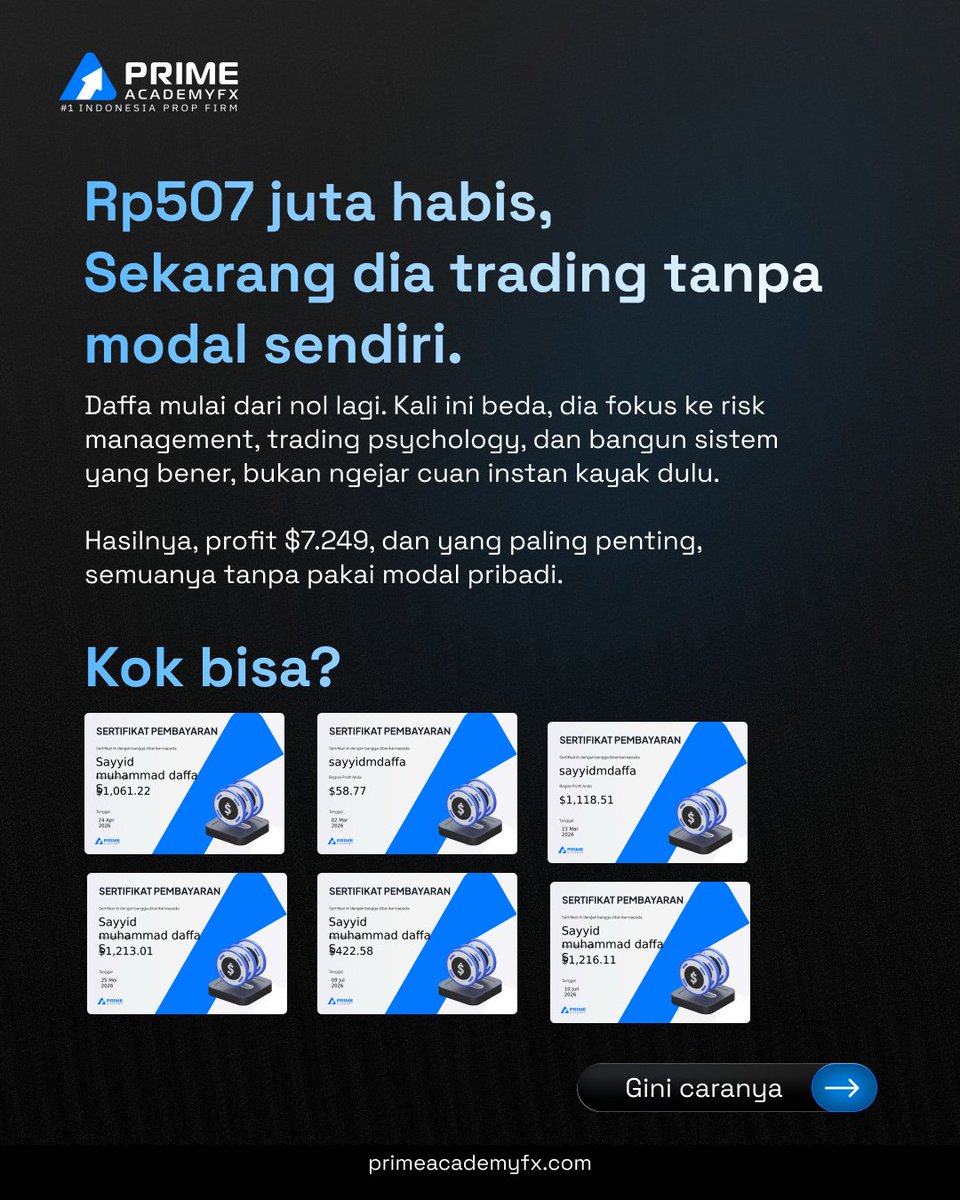 primeacademyfx's tweet photo. Daffa pernah kehilangan Rp507 juta dalam 1 minggu. Sekarang dia profit $7.249, dan yang bikin beda, kali ini bukan pakai duit sendiri.

Gimana ceritanya? Swipe. 👉

Komen "MERDEKA" buat dapet diskon. https://t.co/QvnHpkGaTD