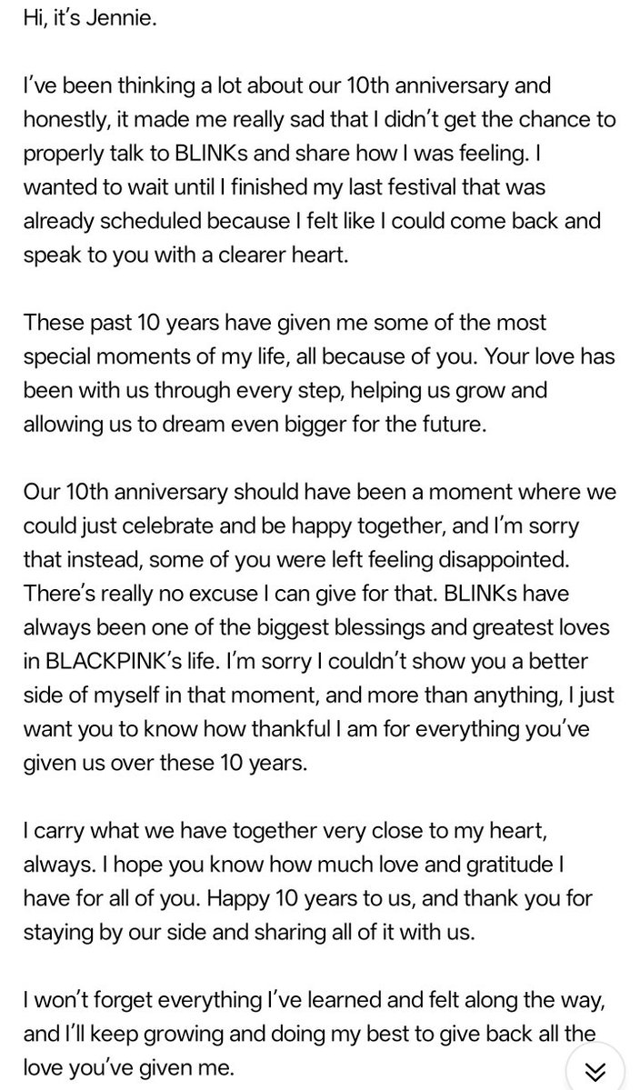 BLACKPINKSCRAVE's tweet photo. JENNIE wrote a heartfelt message to BLINKs in Weverse. https://t.co/bEZvF2Jl0N