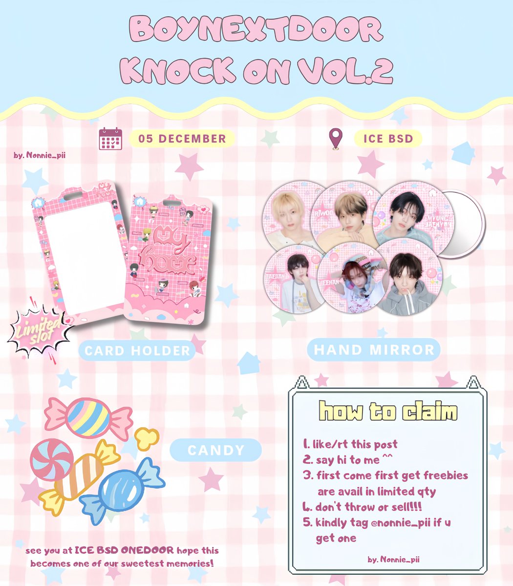 nonnie_pii's tweet photo. ♡ freebies #BOYNEXTDOOR Knock On Vol.2 in Jakarta ☆ by.@nonnie_pii

🗓️ 05 Des 2026
📍ICE BSD 
🕰️ TBA ~

HOW TO CLAIM?
☆ rt + likes this tweet
☆ don't throw/sell it again
☆ onedoor only <3
☆ kindly tag me if you get on

(limited slot for trade)

see you onedoor 💙
#KOV2jkt https://t.co/5xGGwnAJjC