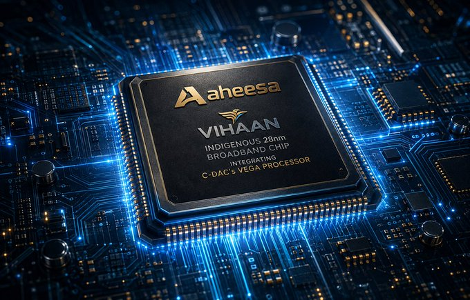 srividh16's tweet photo. Chennai startup Aheesa achieves first-pass silicon success with VIHAAN,   An indigenous 28nm broadband chip integrating C-DAC’s VEGA processor.   Production tapeout is targeted for 2027. 🇮🇳 https://t.co/vdHKcbC3ym
