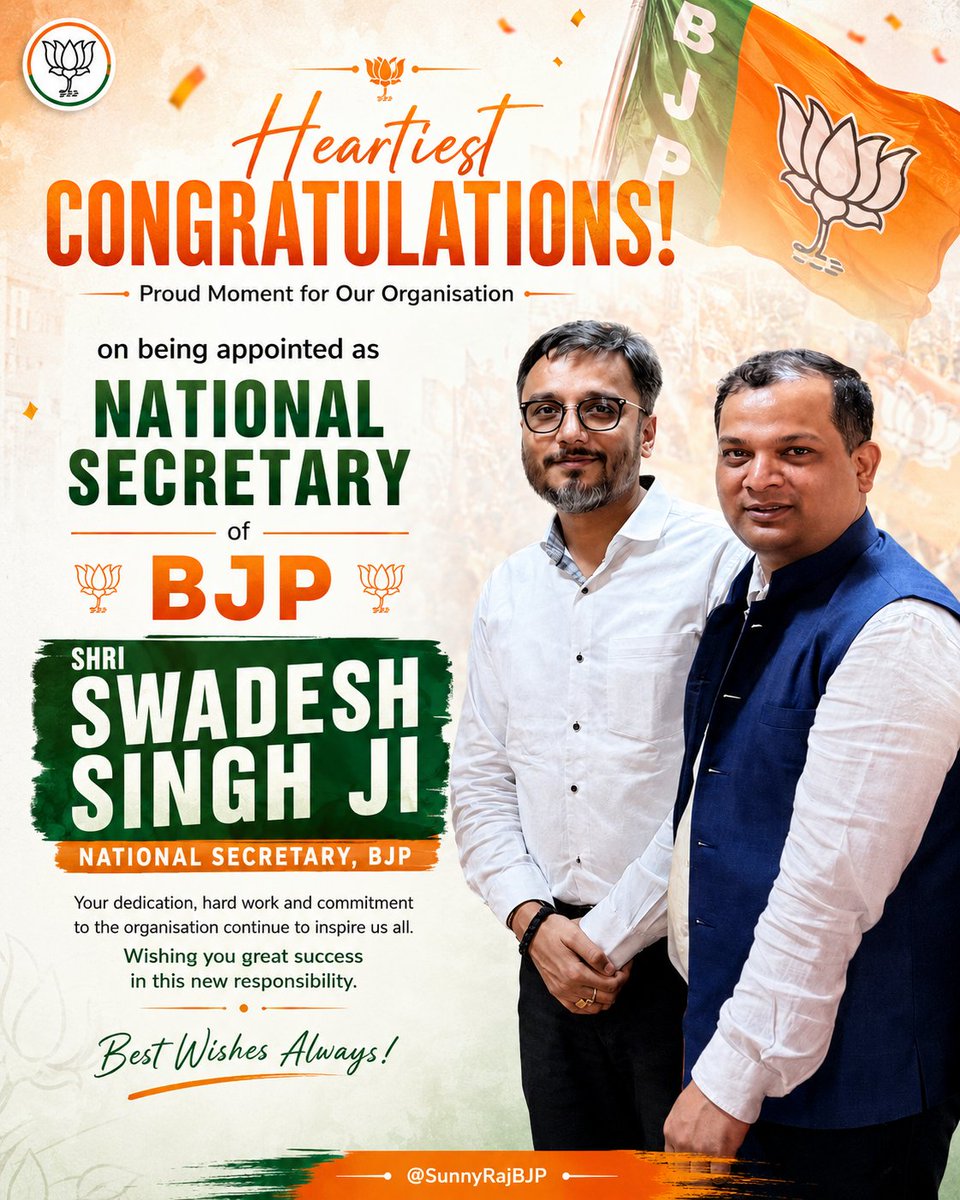 SunnyRajBJP's tweet photo. Heartiest congratulations to Shri Swadesh Singh Ji, on being appointed as National Secretary of @BJP4India. 🇮🇳

Wishing you great success in this new role. Congratulations @swadesh171 ji 🧡 https://t.co/oMdAfILBPi