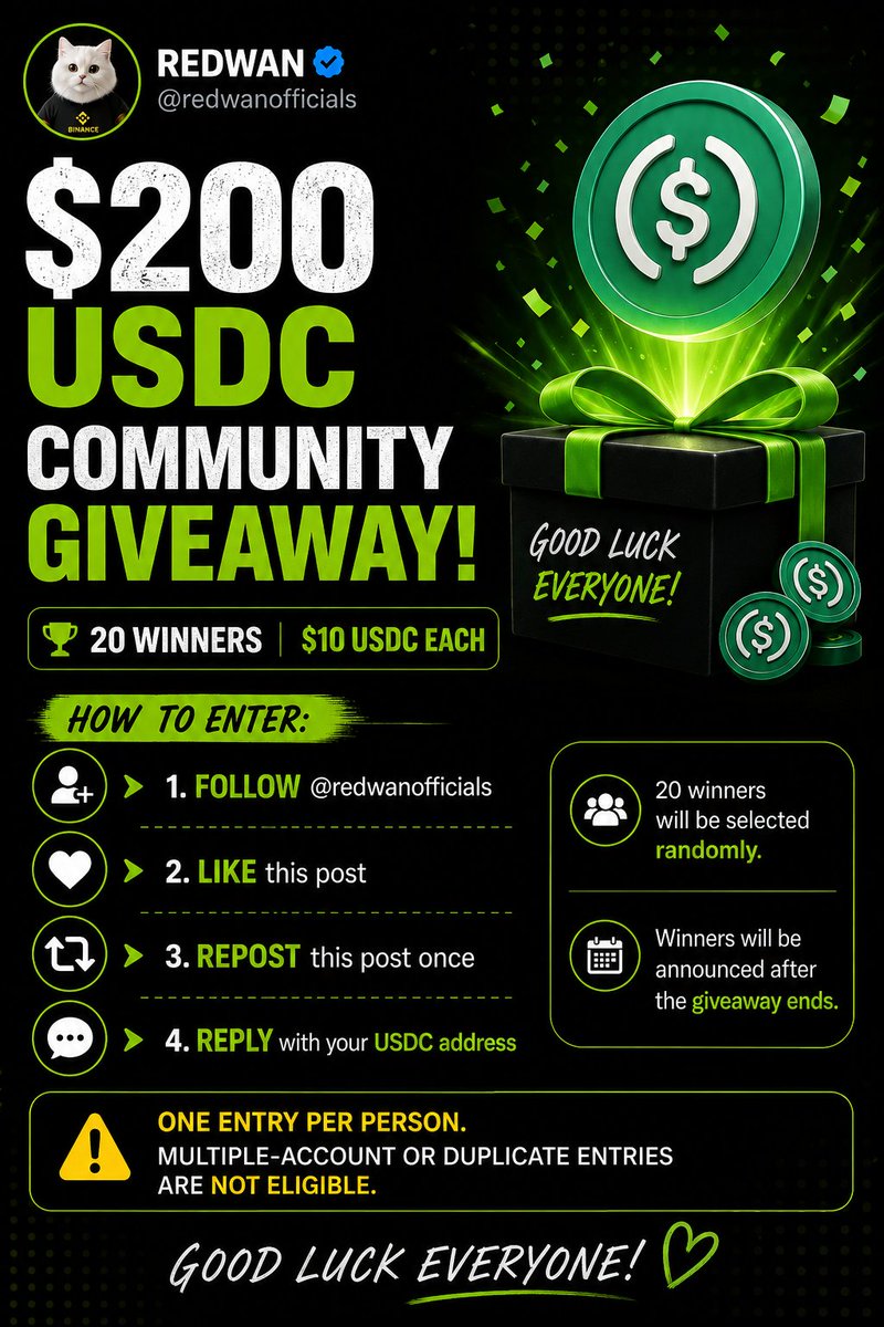 redwanofficials's tweet photo. 🎁 $200 USDC COMMUNITY GIVEAWAY 🎁

20 Winners — $10 USDC Each 💰

How to participate:

👤 Follow @redwanofficials

❤️ Like this post

🔁 Repost this post once

💬 Reply with your USDC address

🎉 20 winners will be selected randomly.

⚠️ One entry per person.
⚠️ Multiple-account or duplicate entries are not eligible.

📢 Winners will be announced after the giveaway ends.

Good luck everyone! 🕷️🔥

#Giveaway #Crypto #Web3
