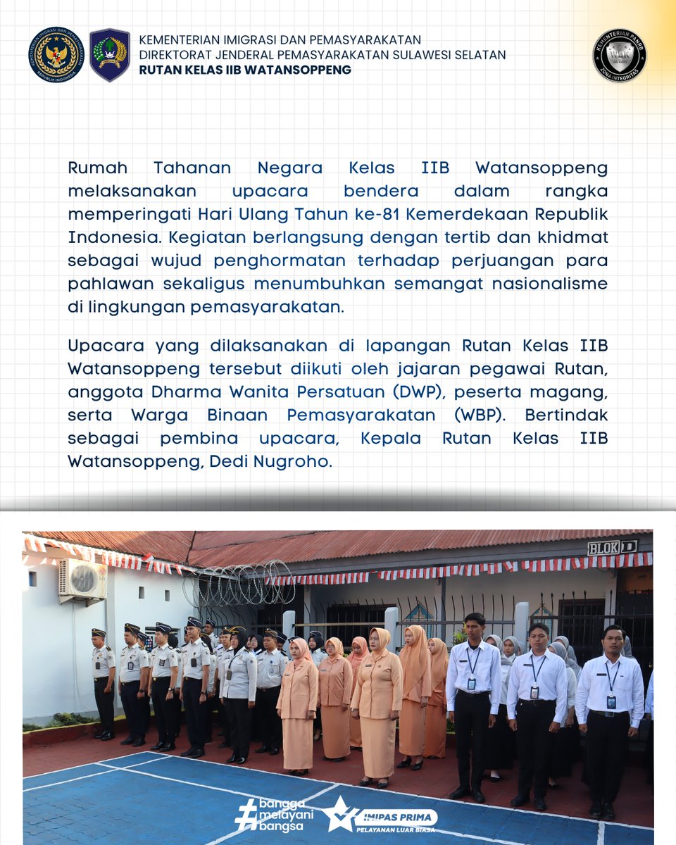 RutanWatansoppe's tweet photo. Upacara Bendera HUT ke-81 Kemerdekaan RI di Rutan Kelas IIB Watansoppeng Berlangsung Khidmat. Kepala Rutan Watansoppeng menyampaikan amanat Menteri Imigrasi dan Pemasyarakatan Republik Indonesia. https://t.co/9gBeEgh0KO