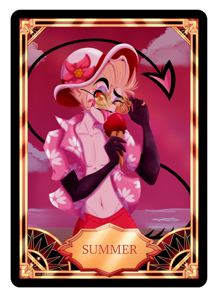 caelustar's tweet photo. What time is it? Summer time! 🏖️

I’m very happy with my Lucifer here hehe 💖
Background made by @LvnaMuraArt !

Come get your cards! 🤭

#hazbinhotel #lucifermorningstar #lucifer #hazbinhotellucifer #luciferhazbinhotel https://t.co/xzlQW4PzSm