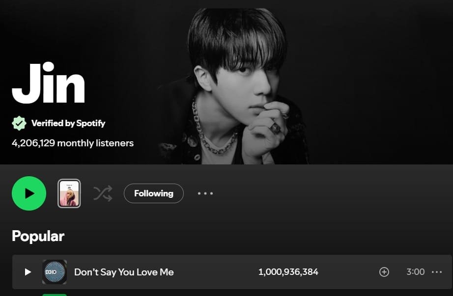 JinStreamsArg's tweet photo. “Don’t Say You Love Me” de Jin supera 1 BILLON de reproducciones en Spotify siendo la primera canción de Jin en alcanzar este logro😭😭😭

Celebremos juntos usando los #
Comenta y repost 

DONT SAY YOU LOVE ME 1B
CONGRATULATIONS JIN
#DSYLM1BSpotify 
#JIN1BILLION https://t.co/I5nsygEILy