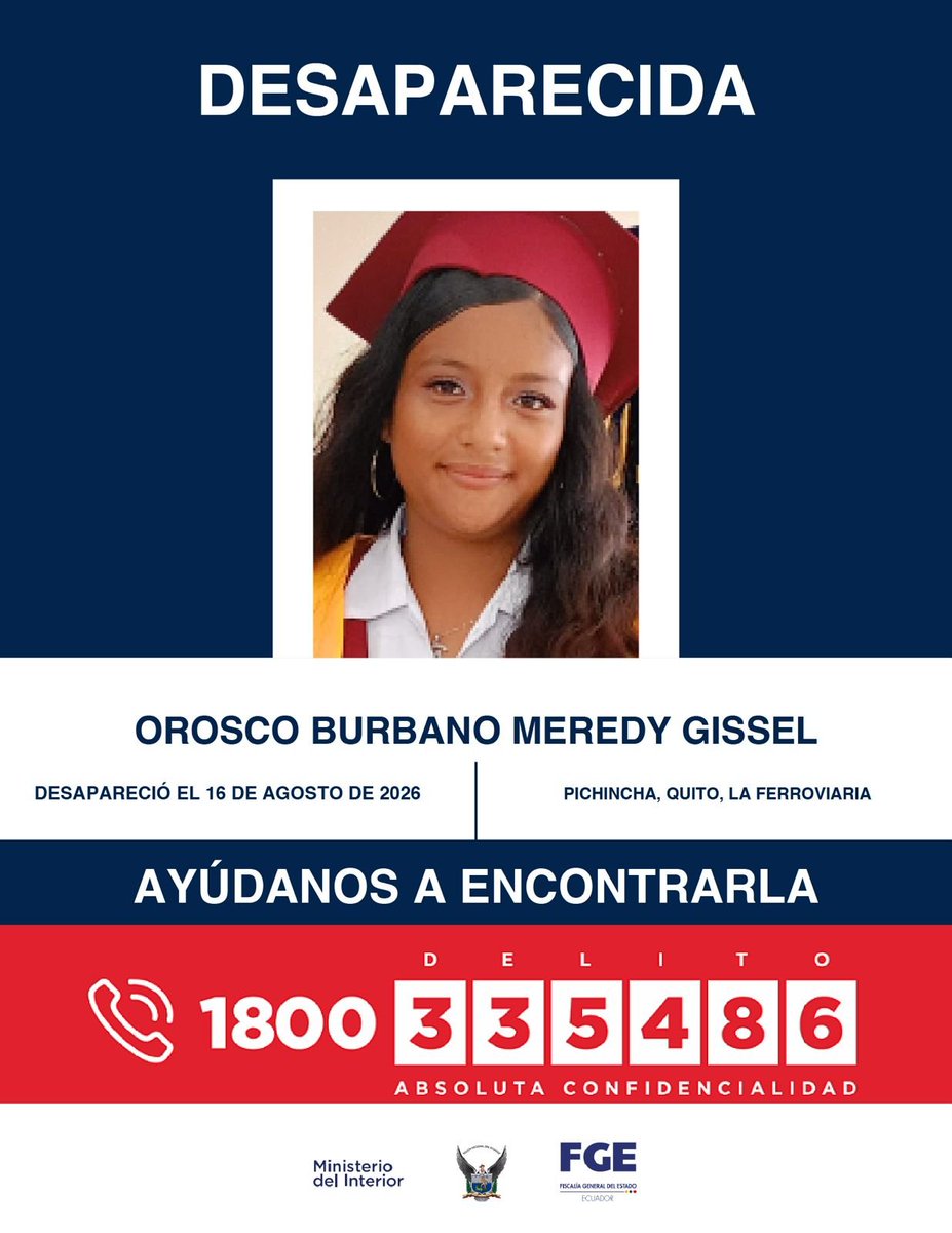 ecuainm_oficial's tweet photo. ‼️#URGENTE 
Meredy Gissel Orosco Burbano se encuentra desaparecida desde el 16 de agosto de 2026 en La Ferroviaria, sur de #Quito. Si tienes información de su paradero, comunícate con las autoridades. https://t.co/WfCoetMcpZ