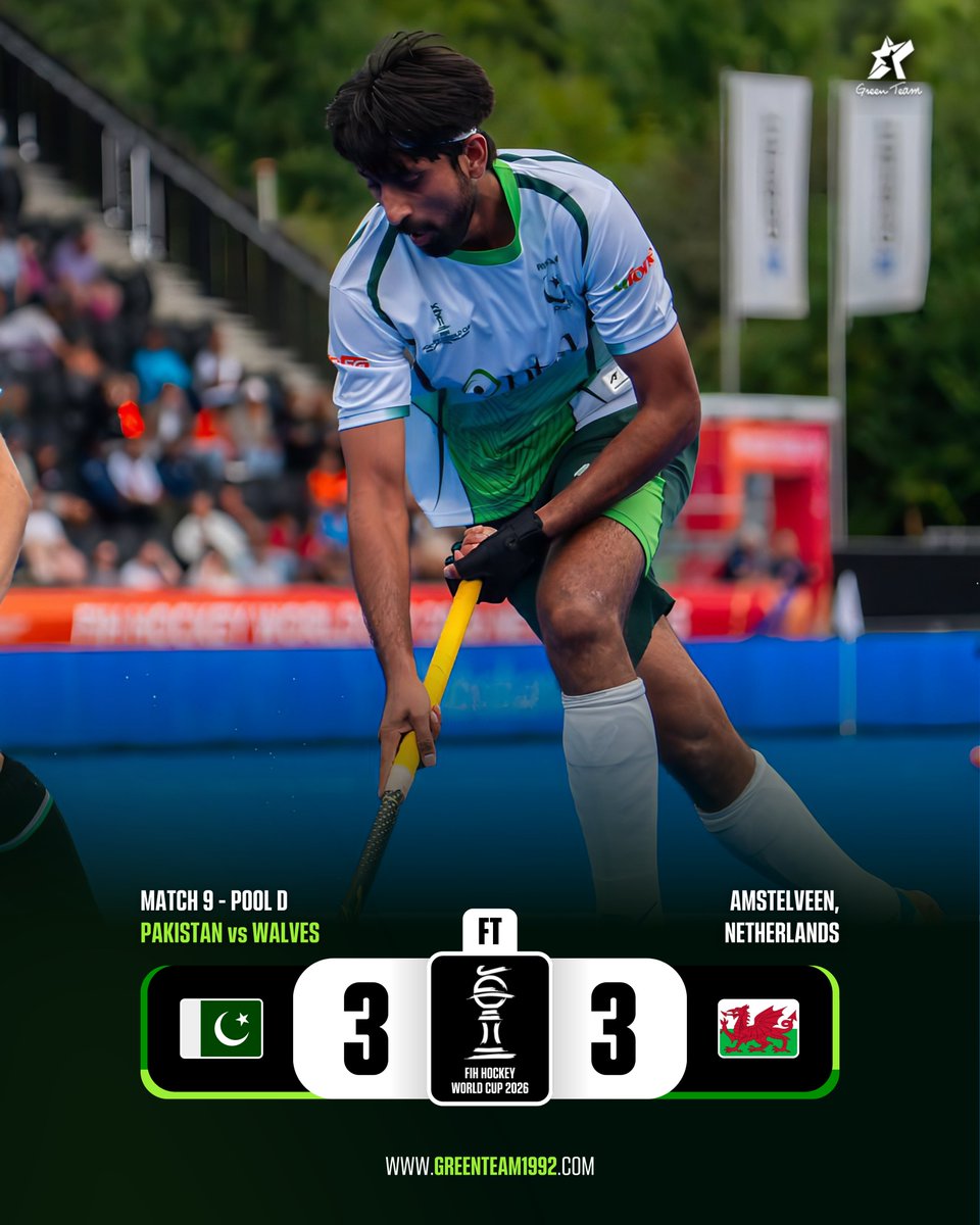 GreenTeam1992's tweet photo. Full Time: Pakistan 🇵🇰 3-3 Wales 🏴󠁧󠁢󠁷󠁬󠁳󠁿.

A game which shifted back and forth from Pakistan to Wales and then to Pakistan.

Wales were leading 2-1 at the end of quarter 3.

Pakistan will face India on 19th August.

#HWC2026 | #Hockey | #GreenTeam | #OurGameOurPassion | #KhelKaJunoon https://t.co/xfMA4gUCQb