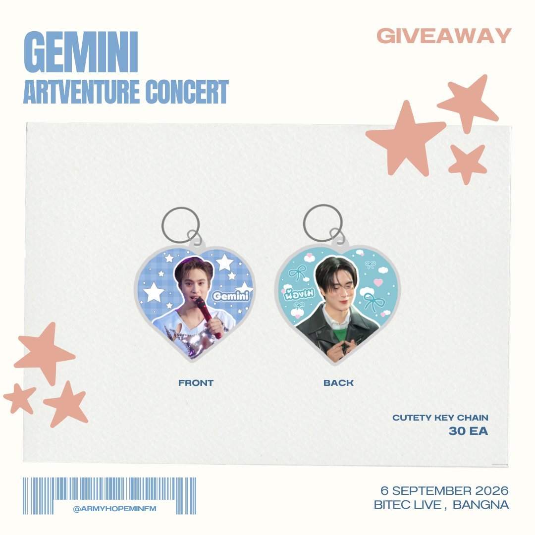 ArmyhopeminFM's tweet photo. 🙏🏻 pls kindly rt ✨

 GIVEAWAY  |  #GeminiConcert ✨
👉🏻 key chain 30 EA.

🗓 | 06 • Sep • 2026
📍 | Bitec live
⏰ | tba

update : ตอนนี้ของจริงมาถึงบ้านแร้ว🤏🏻💙

~ * ใครอยากแลก dm มาหลังไมค์ก่อนได้น้า เราไปคอนวันที่ 5-6 แต่ในส่วนของแจกเราจะแจกแค่วันที่ 6 คั้บ*~

#Gemini_NT https://t.co/d9az66kYxU